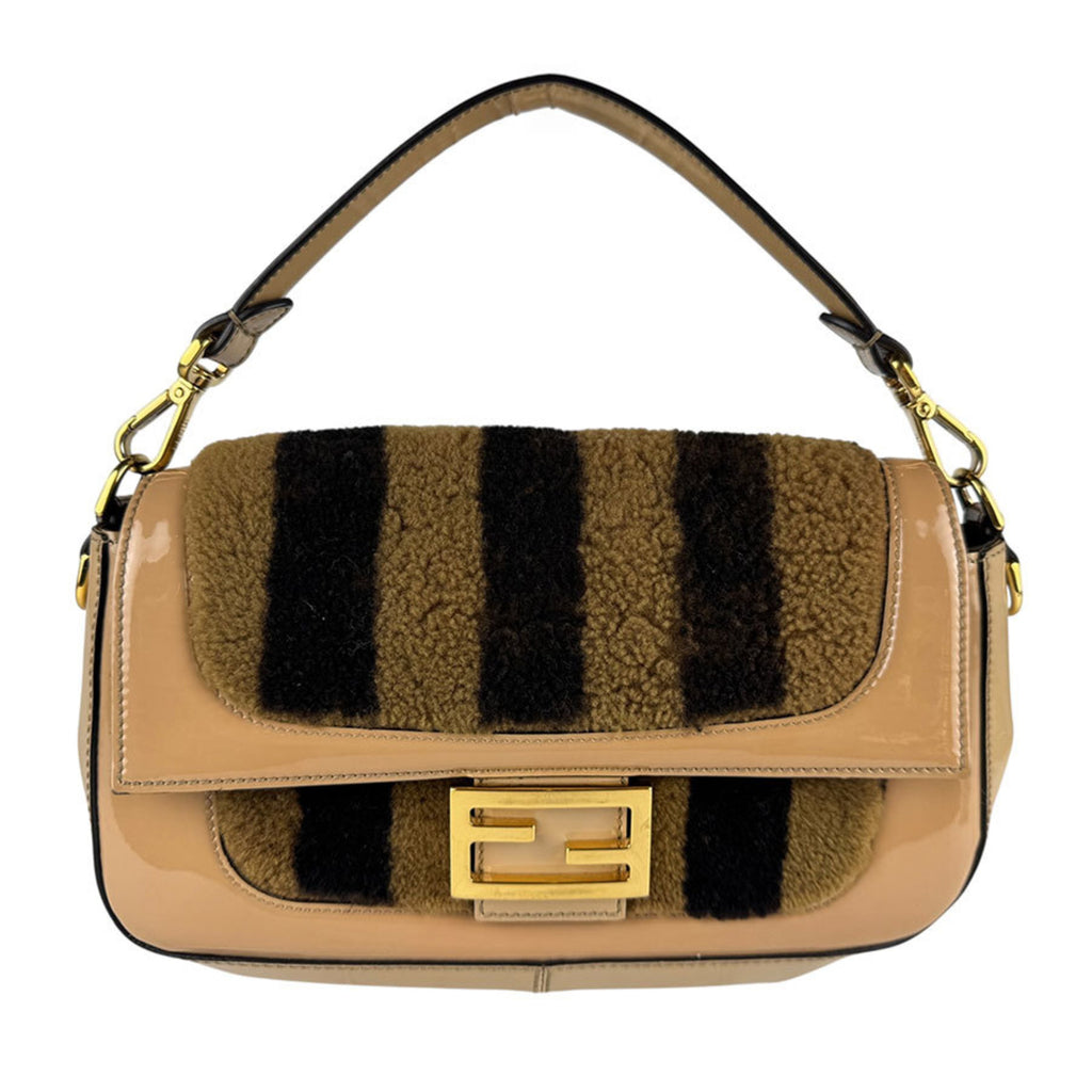 FDI Baguette Shoulder Bag in Brown, Beige, and Gold with Shearling Fur Patent Leather, Women's, 8BR600-A9Y2 (z7176)