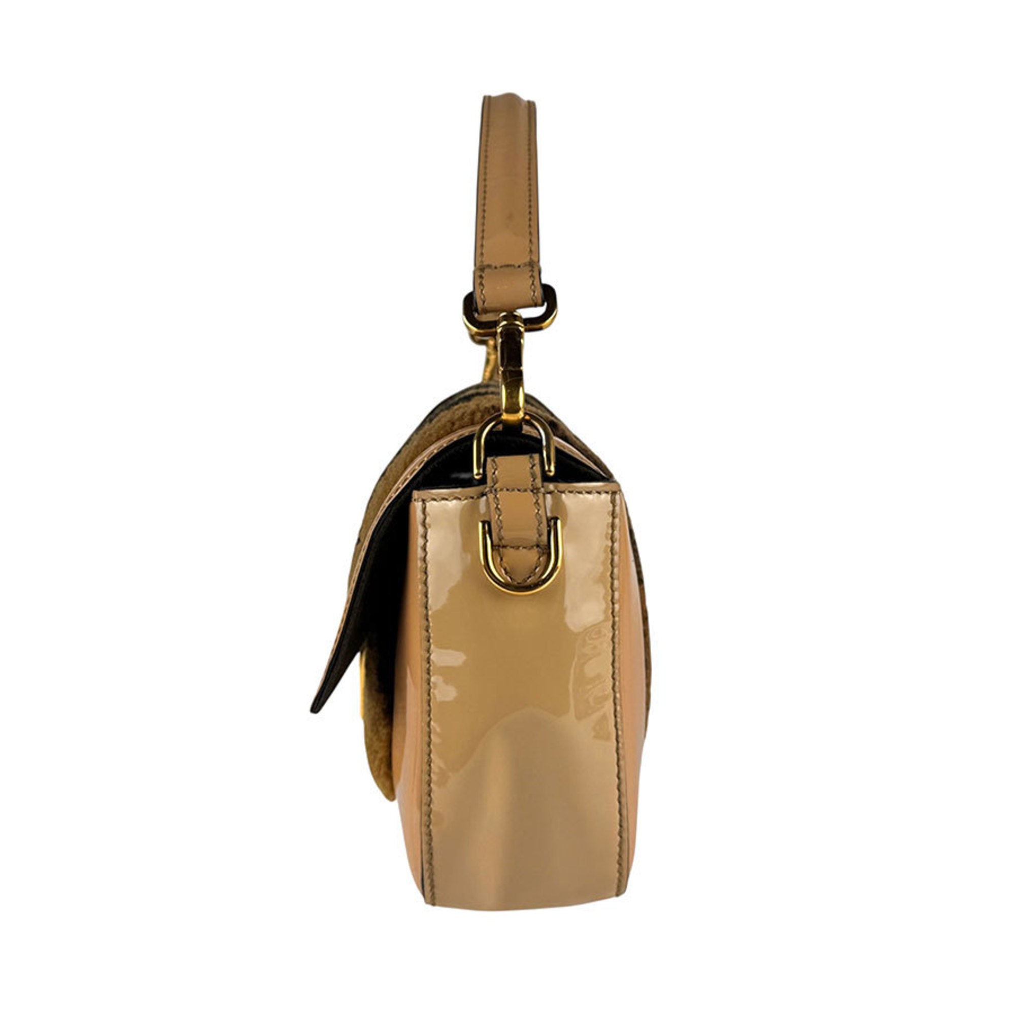 FDI Baguette Shoulder Bag in Brown, Beige, and Gold with Shearling Fur Patent Leather, Women's, 8BR600-A9Y2 (z7176)