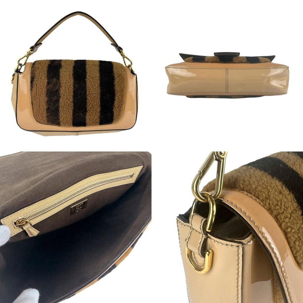 FDI Baguette Shoulder Bag in Brown, Beige, and Gold with Shearling Fur Patent Leather, Women's, 8BR600-A9Y2 (z7176)