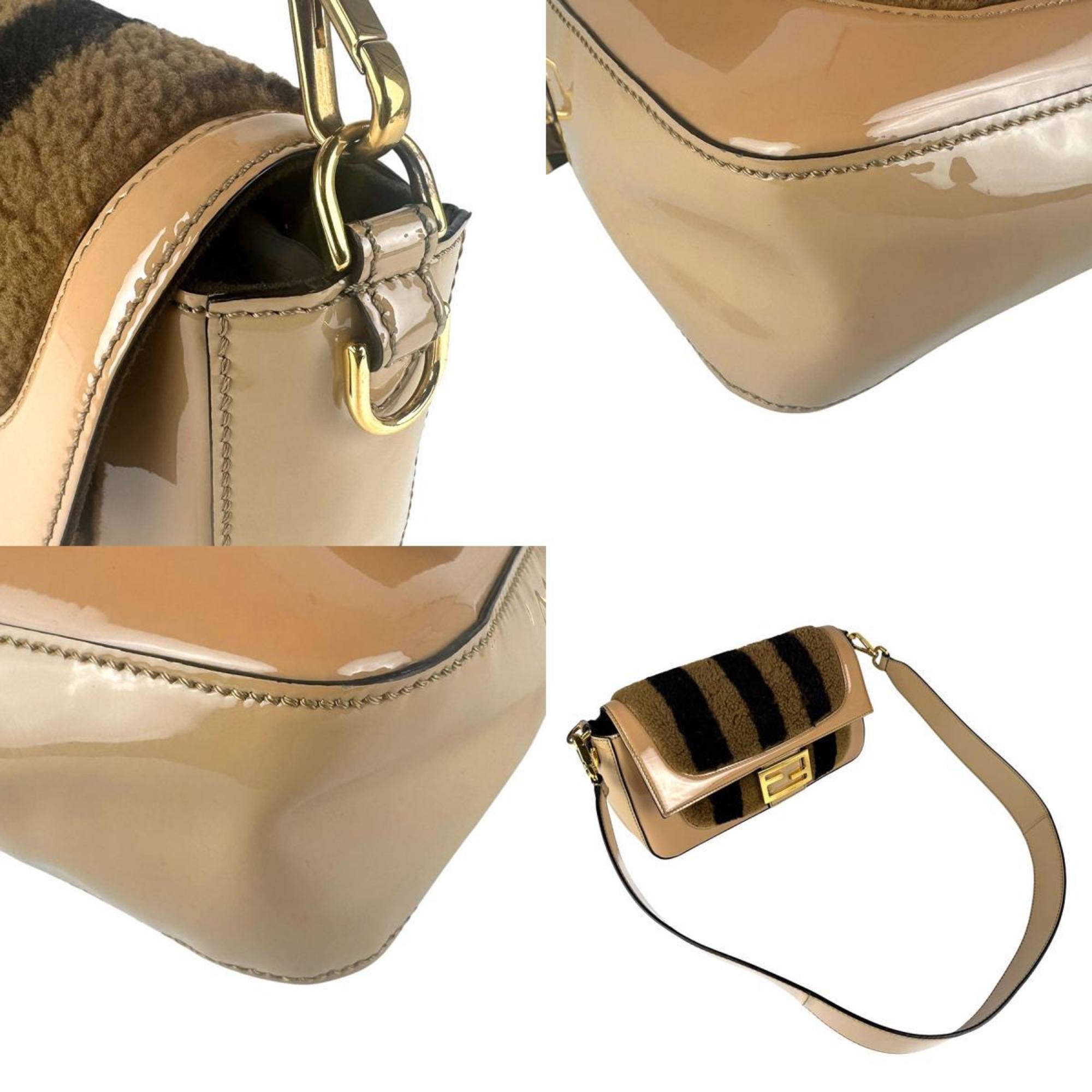 FDI Baguette Shoulder Bag in Brown, Beige, and Gold with Shearling Fur Patent Leather, Women's, 8BR600-A9Y2 (z7176)