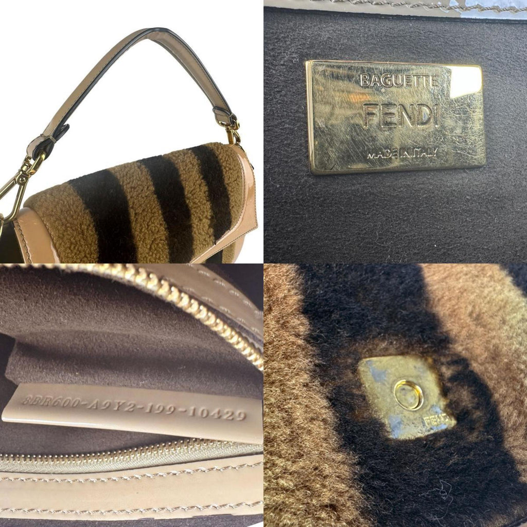 FDI Baguette Shoulder Bag in Brown, Beige, and Gold with Shearling Fur Patent Leather, Women's, 8BR600-A9Y2 (z7176)
