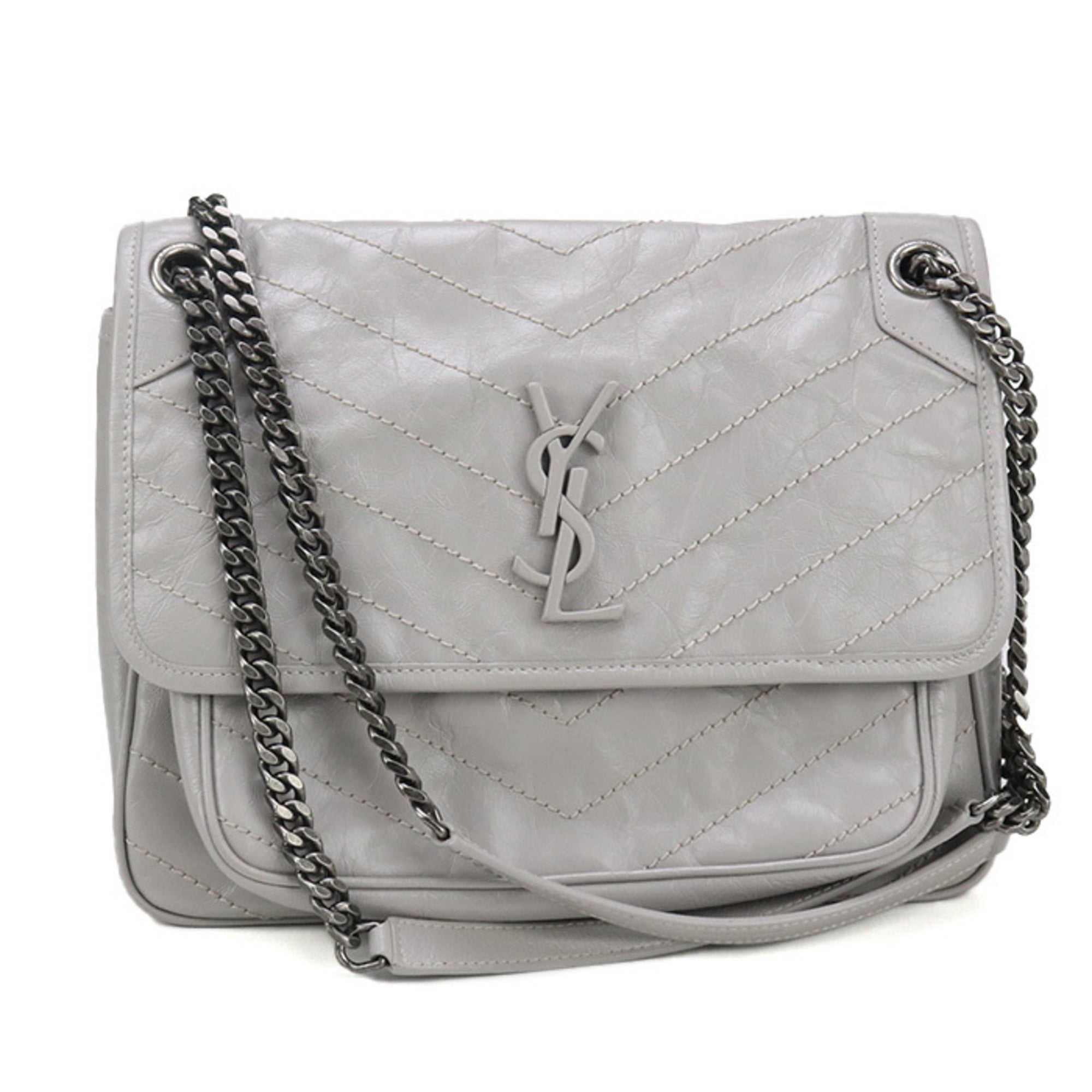 SLT LAURENT Niki Shoulder Bag SL95389 (498894) with Chain, Gray, Women's