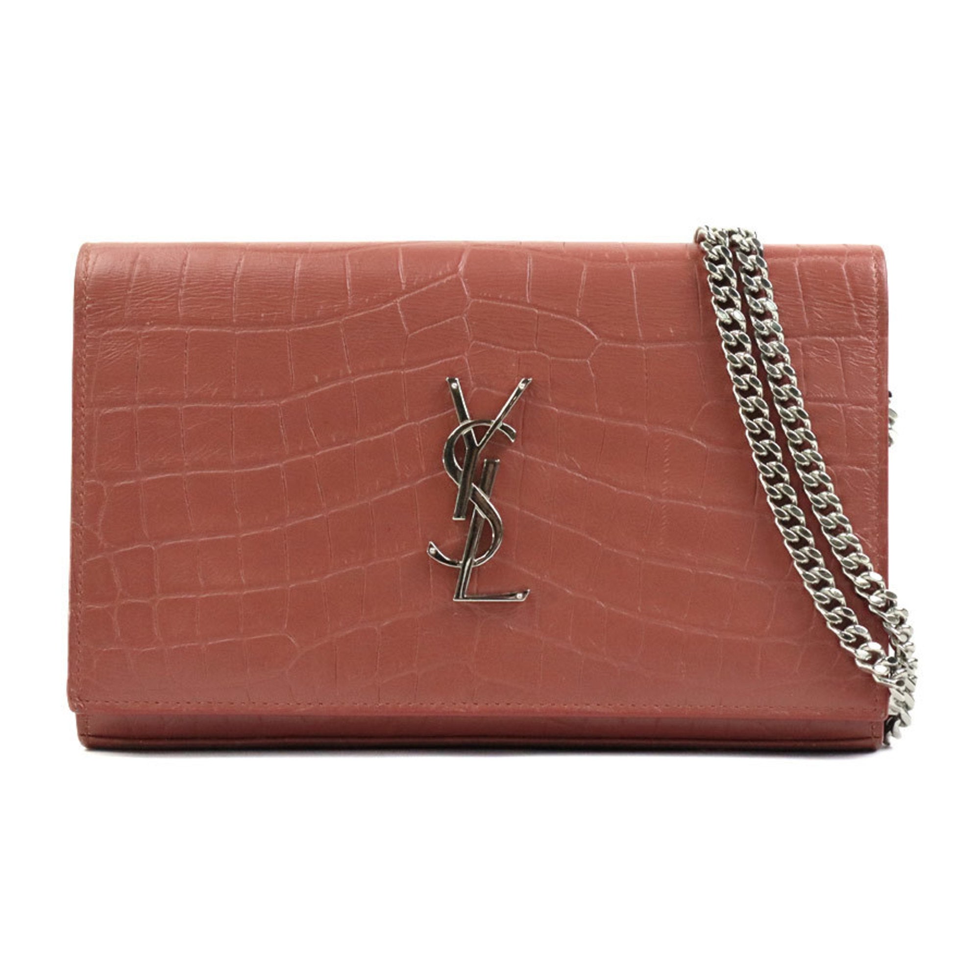 SLT Laurent wallet chain shoulder bag embossed leather pink brown silver women's e59273a