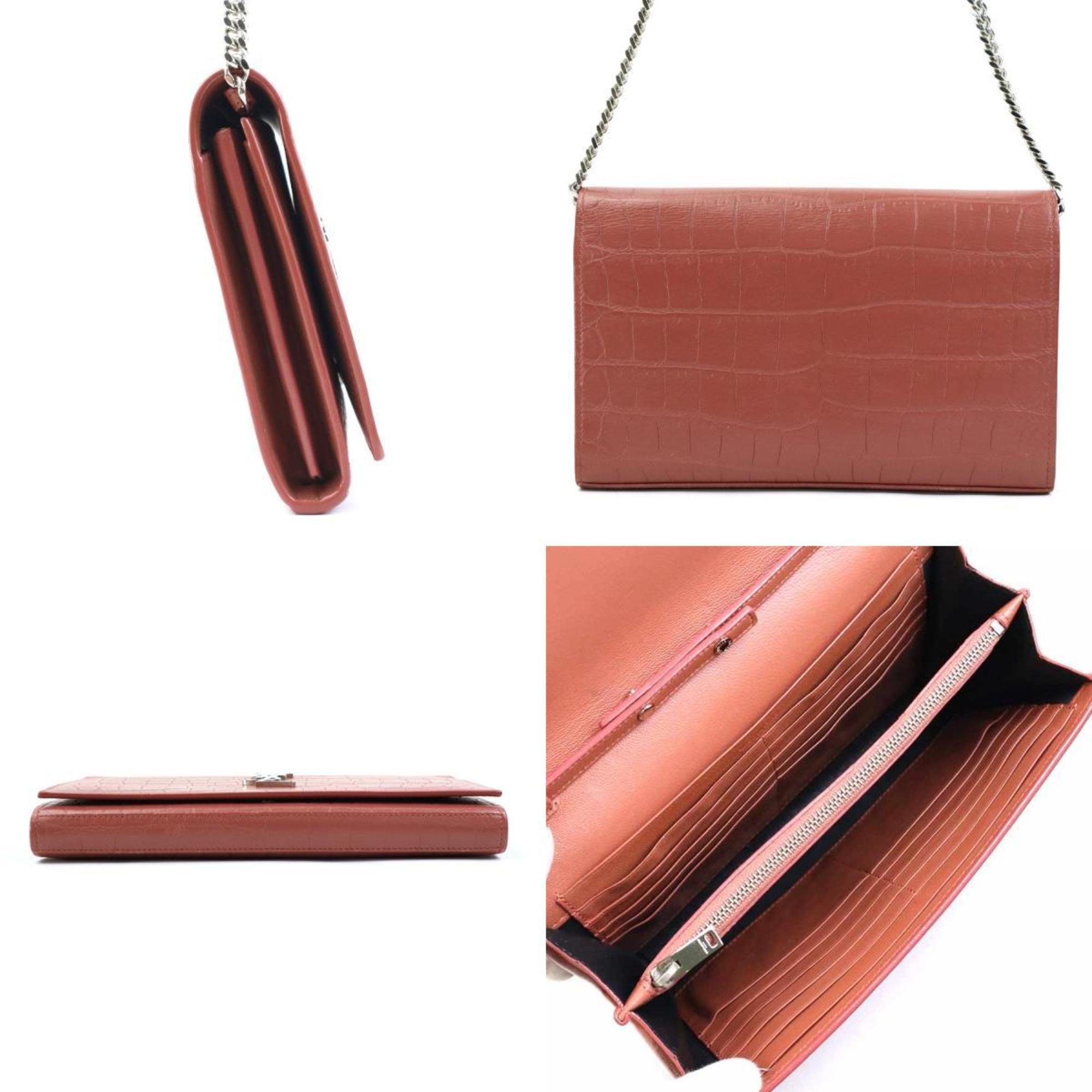 SLT Laurent wallet chain shoulder bag embossed leather pink brown silver women's e59273a