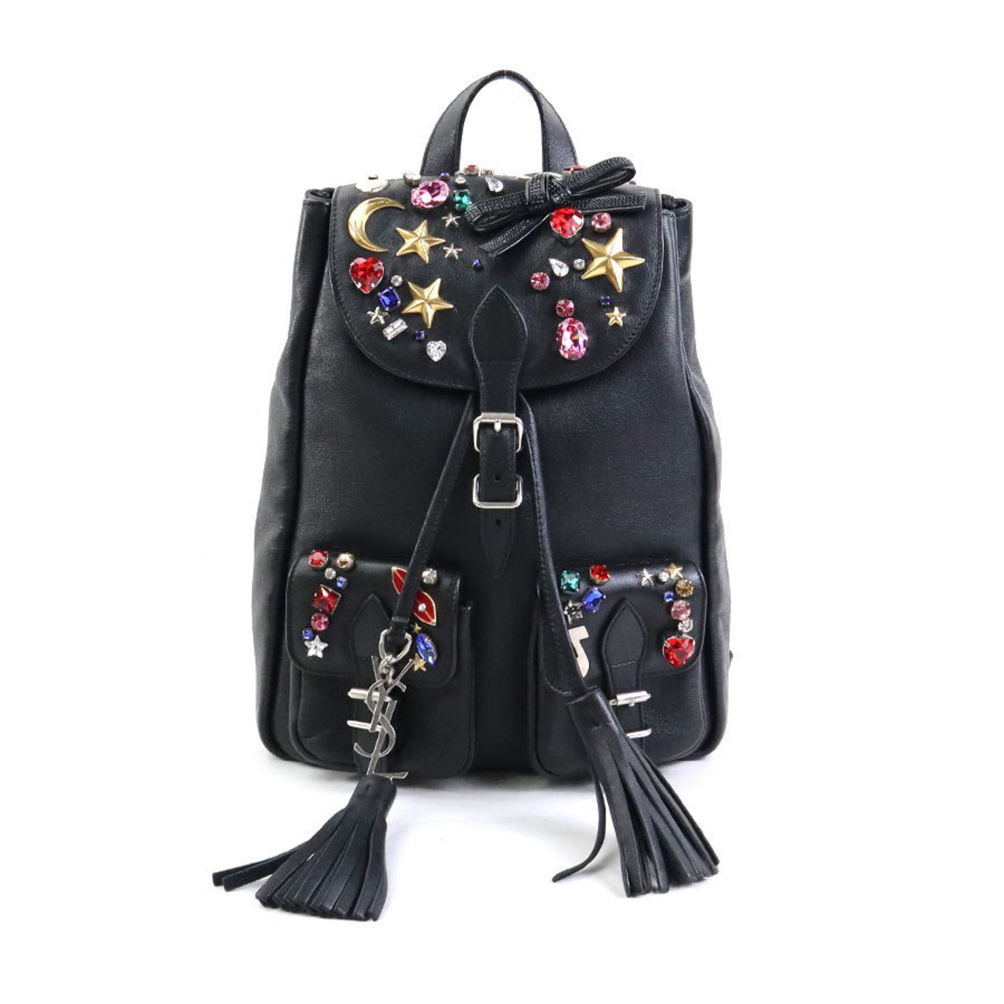 SLT Laurent Embellished Backpack Leather Metal Black Multicolor Silver Women's e59898a