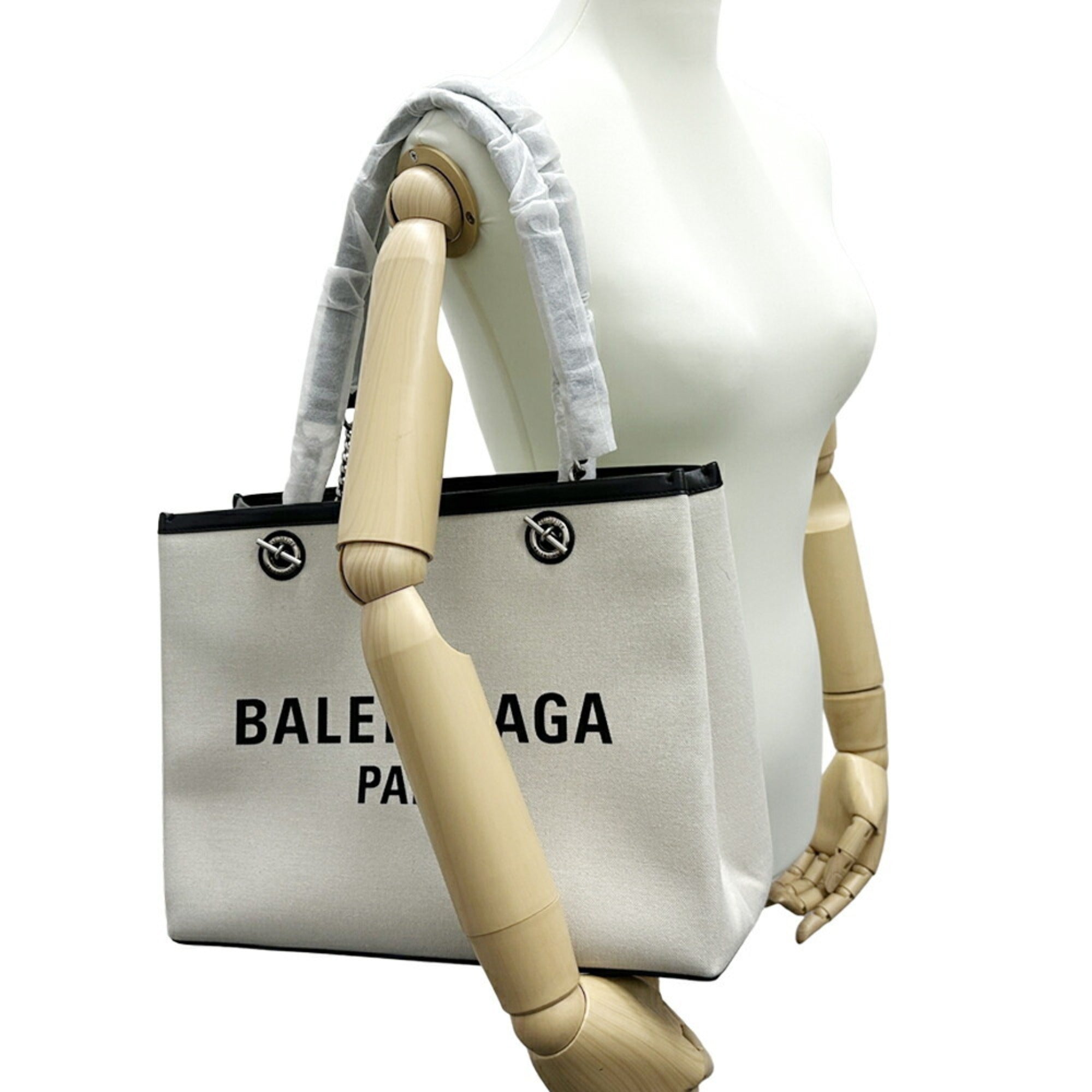 BLCG BALENCIAGA Women's Tote Bag Canvas Leather Duty-Free Medium Ivory Black White 759973