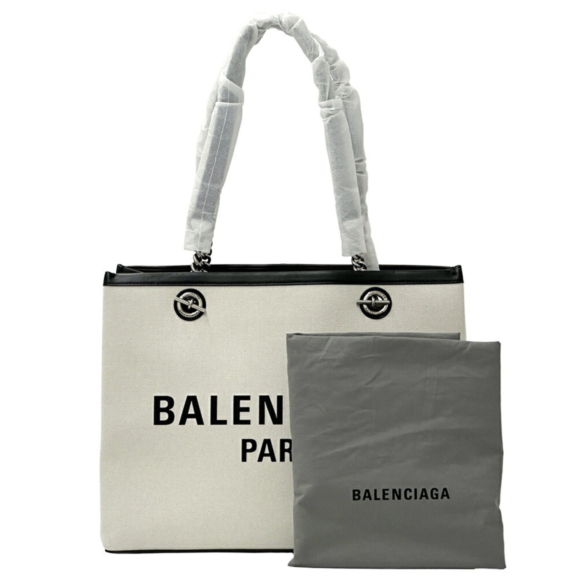 BLCG BALENCIAGA Women's Tote Bag Canvas Leather Duty-Free Medium Ivory Black White 759973