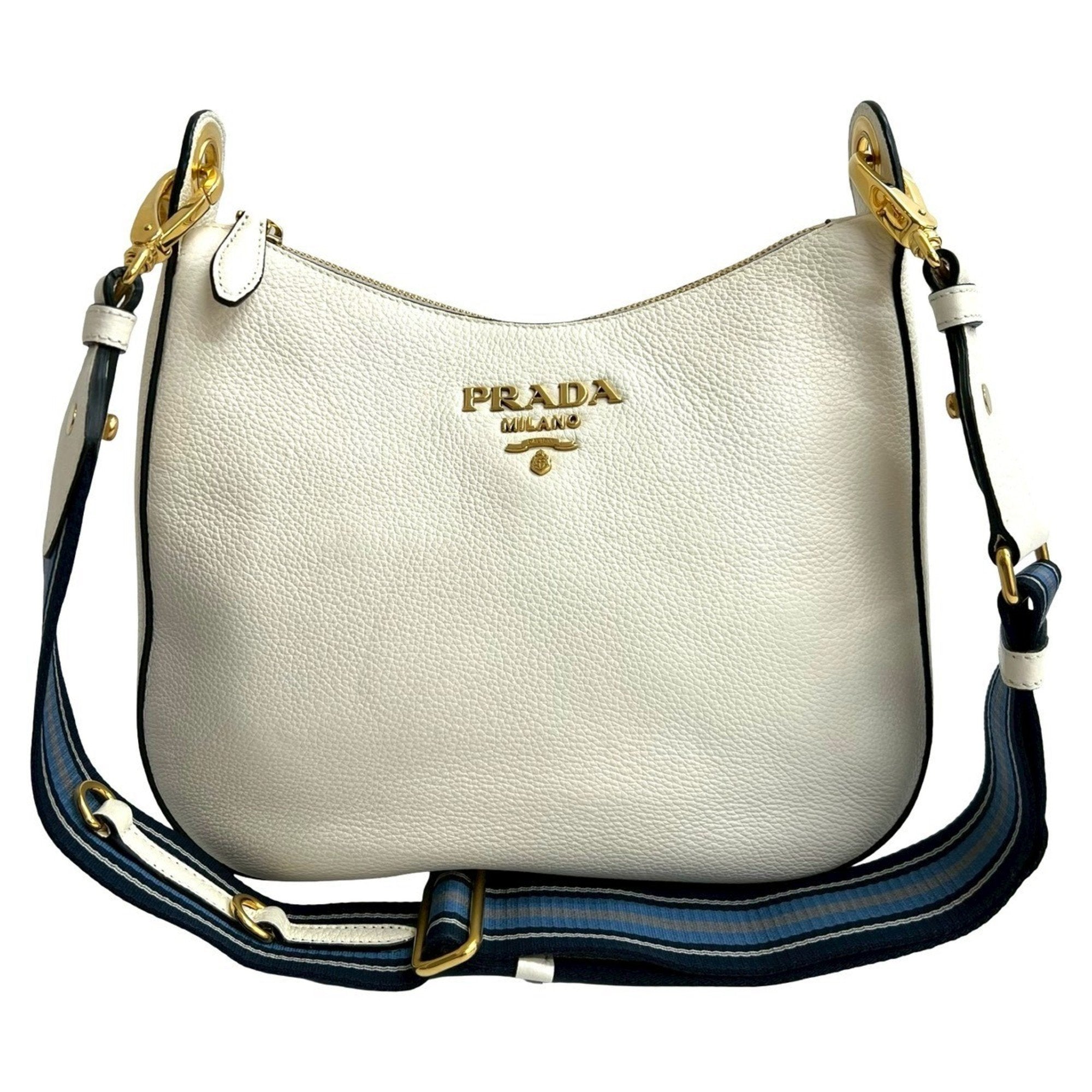 PDA Vitello Dino Leather Shoulder Bag, Sacoche, Pochette, Crossbody White, 77750, with Prada Logo and Hardware