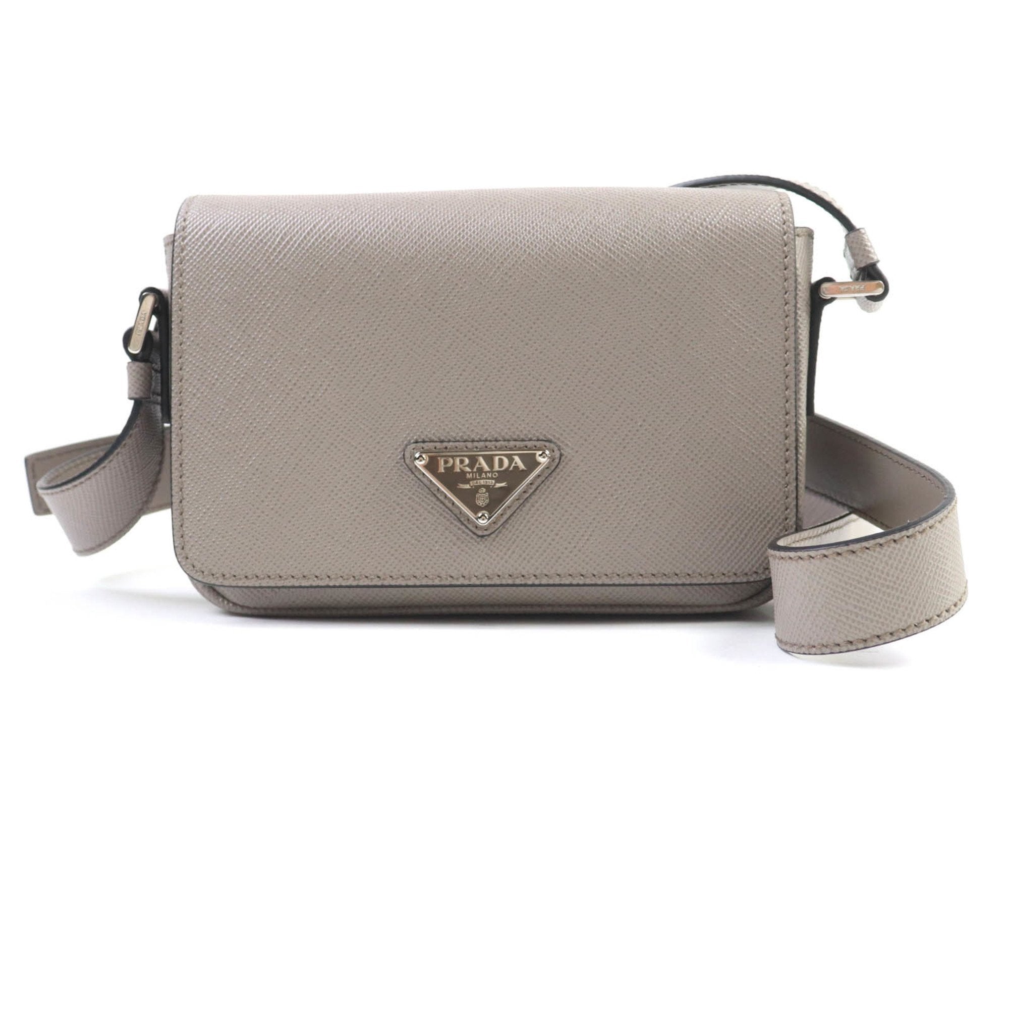 PDA 2VD065 Saffiano Leather Argilla Shoulder Bag with Triangle Logo Plate, Dust Bag, Made in Italy, Women's