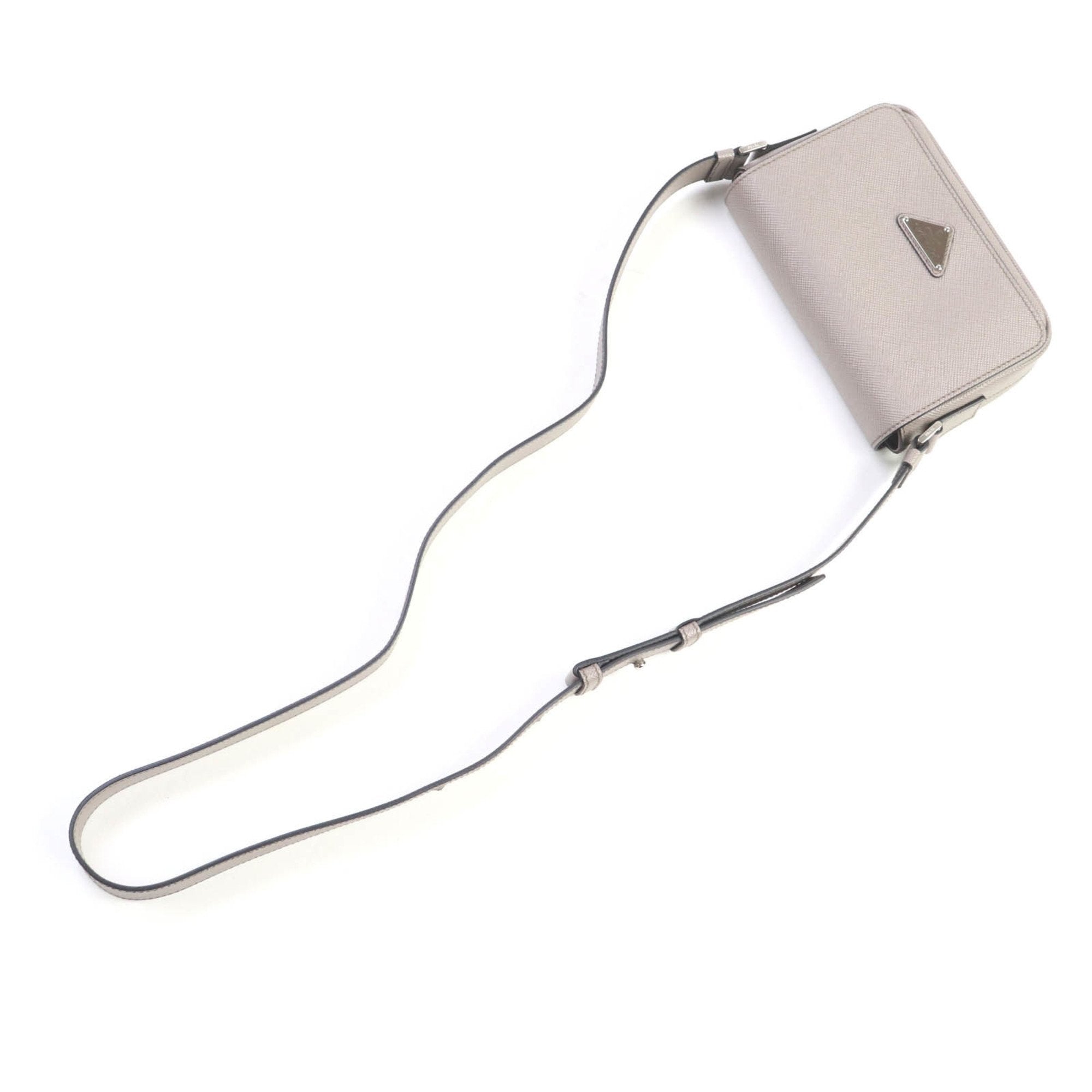 PDA 2VD065 Saffiano Leather Argilla Shoulder Bag with Triangle Logo Plate, Dust Bag, Made in Italy, Women's