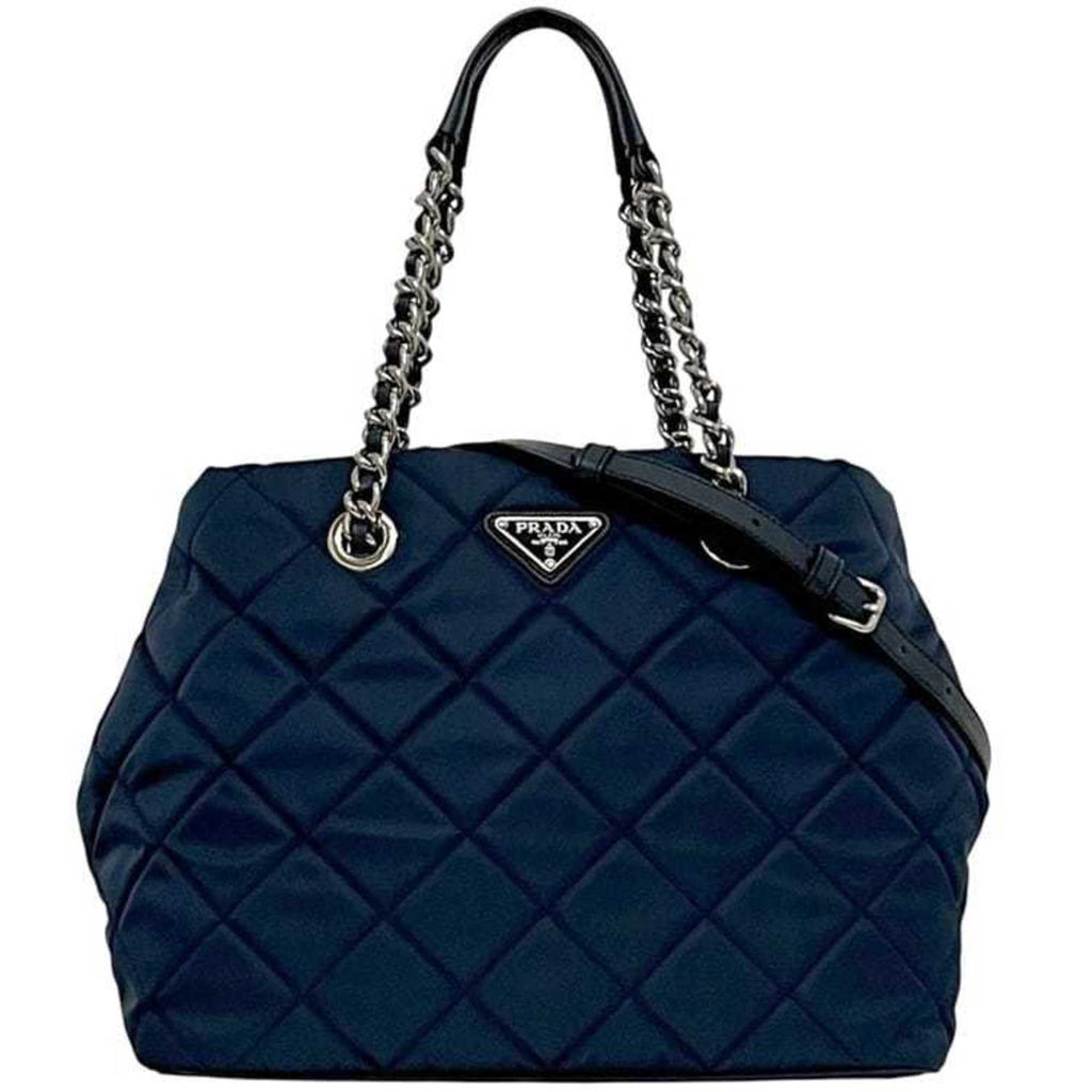 PDA 2-way bag f-24442, navy Tessuto 1BG740 tote in nylon and Saffiano leather. 165 PRADA shoulder bag, chain with triangular plate design, quilted.