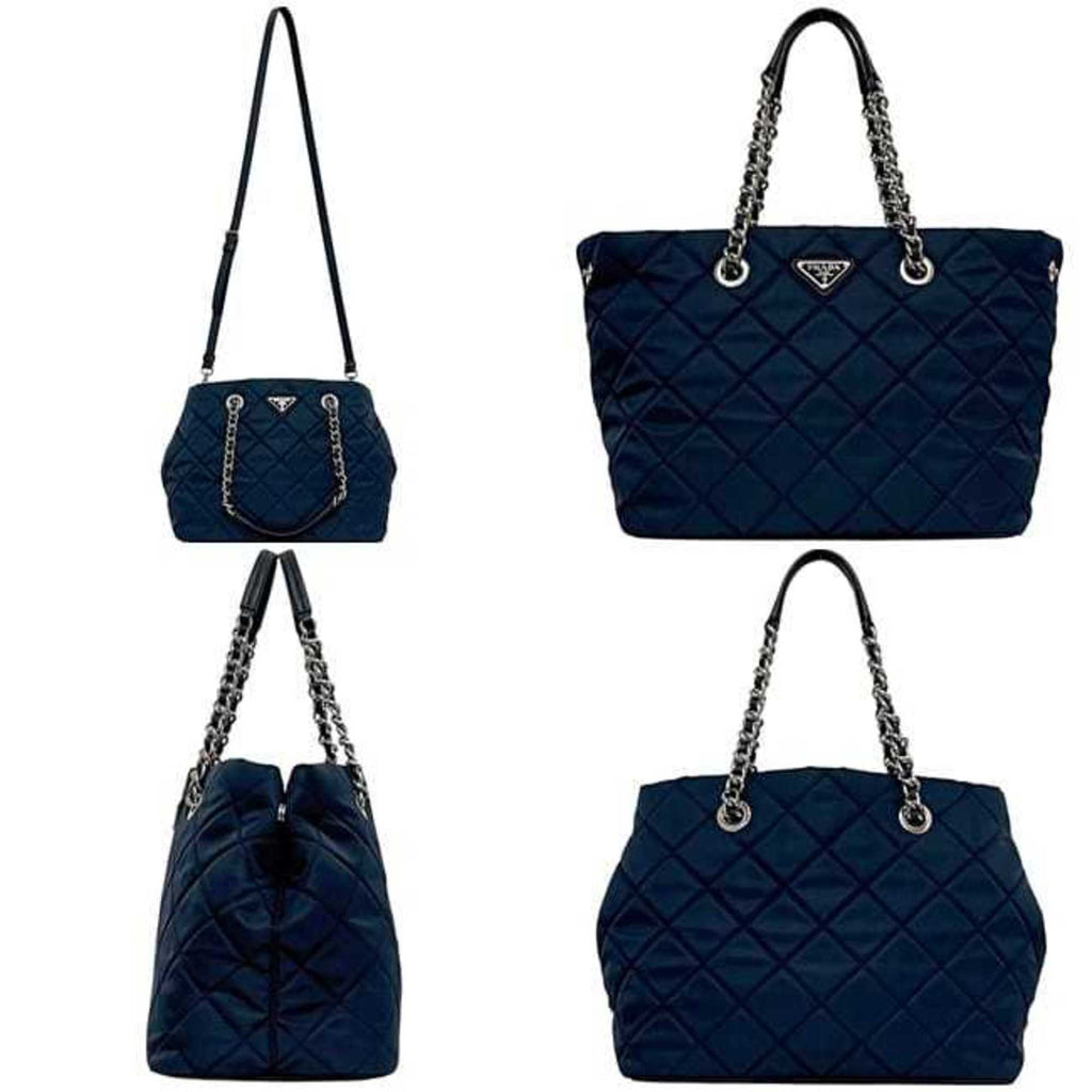PDA 2-way bag f-24442, navy Tessuto 1BG740 tote in nylon and Saffiano leather. 165 PRADA shoulder bag, chain with triangular plate design, quilted.