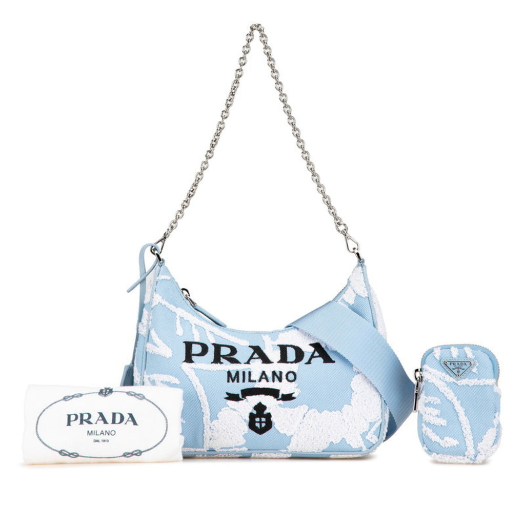 PDA Re-Edition 2000 Embroidered Mini Chain Handbag/Shoulder Bag, 2-Way, Light Blue Canvas, Women's