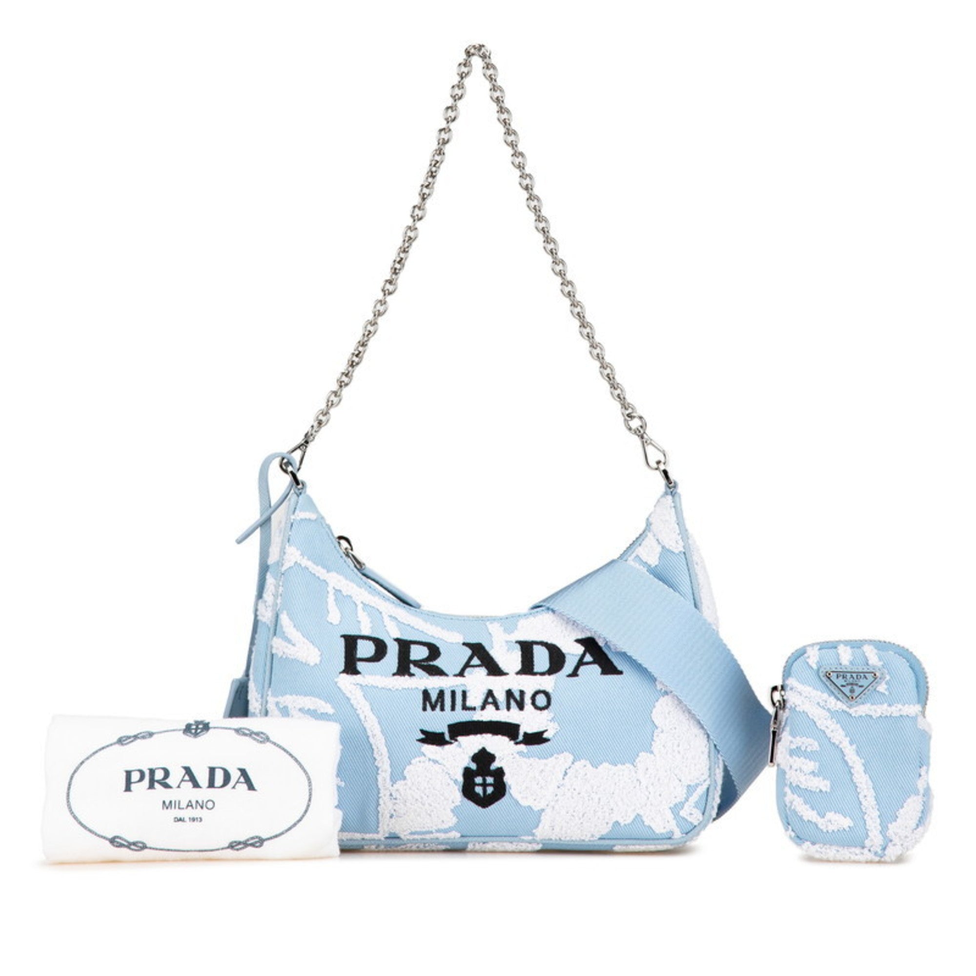 PDA Re-Edition 2000 Embroidered Mini Chain Handbag/Shoulder Bag, 2-Way, Light Blue Canvas, Women's
