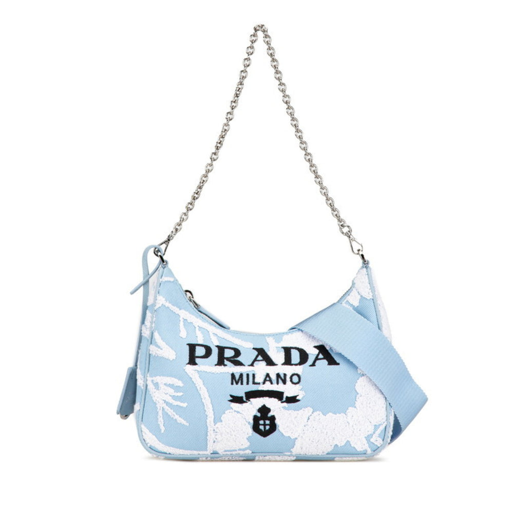 PDA Re-Edition 2000 Embroidered Mini Chain Handbag/Shoulder Bag, 2-Way, Light Blue Canvas, Women's