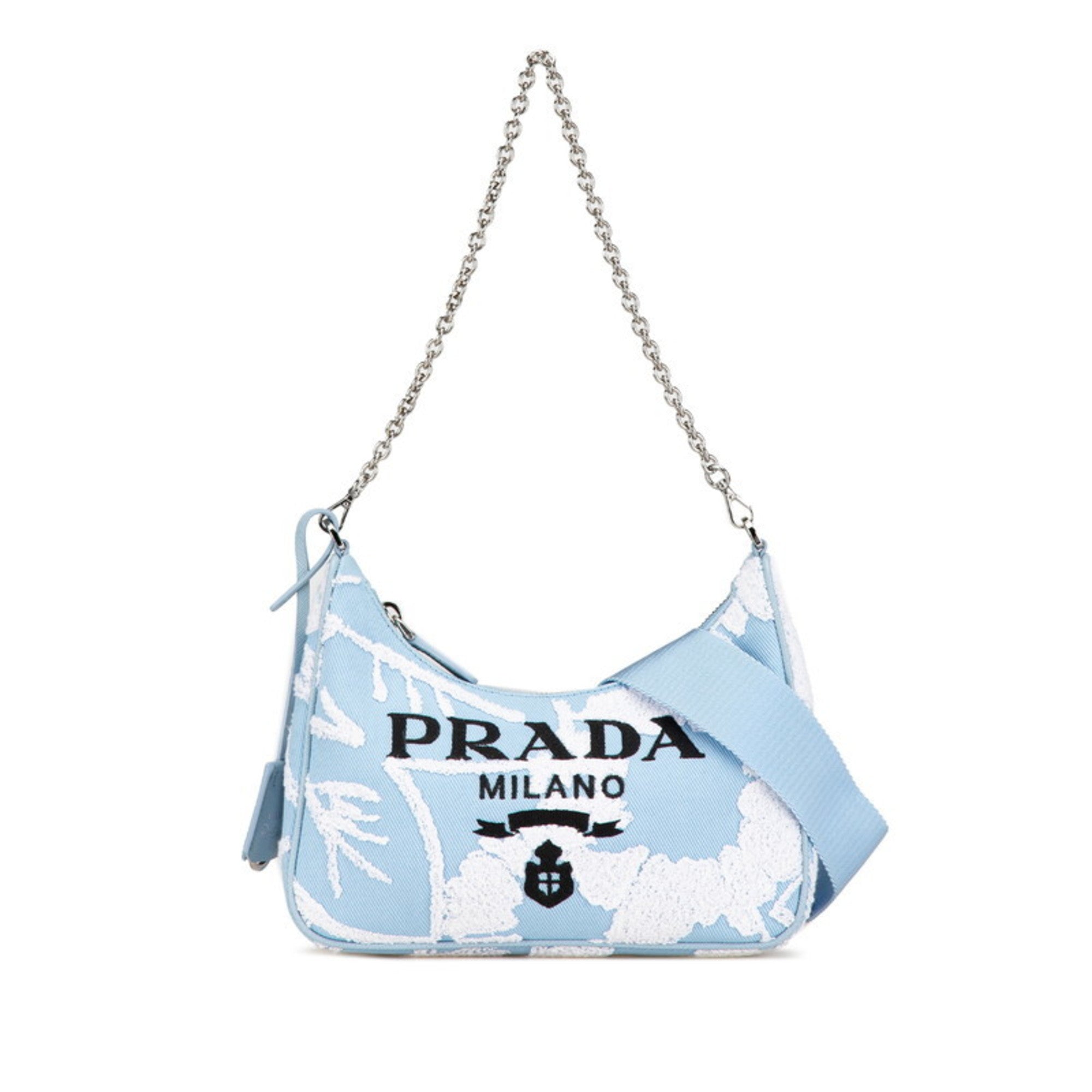 PDA Re-Edition 2000 Embroidered Mini Chain Handbag/Shoulder Bag, 2-Way, Light Blue Canvas, Women's