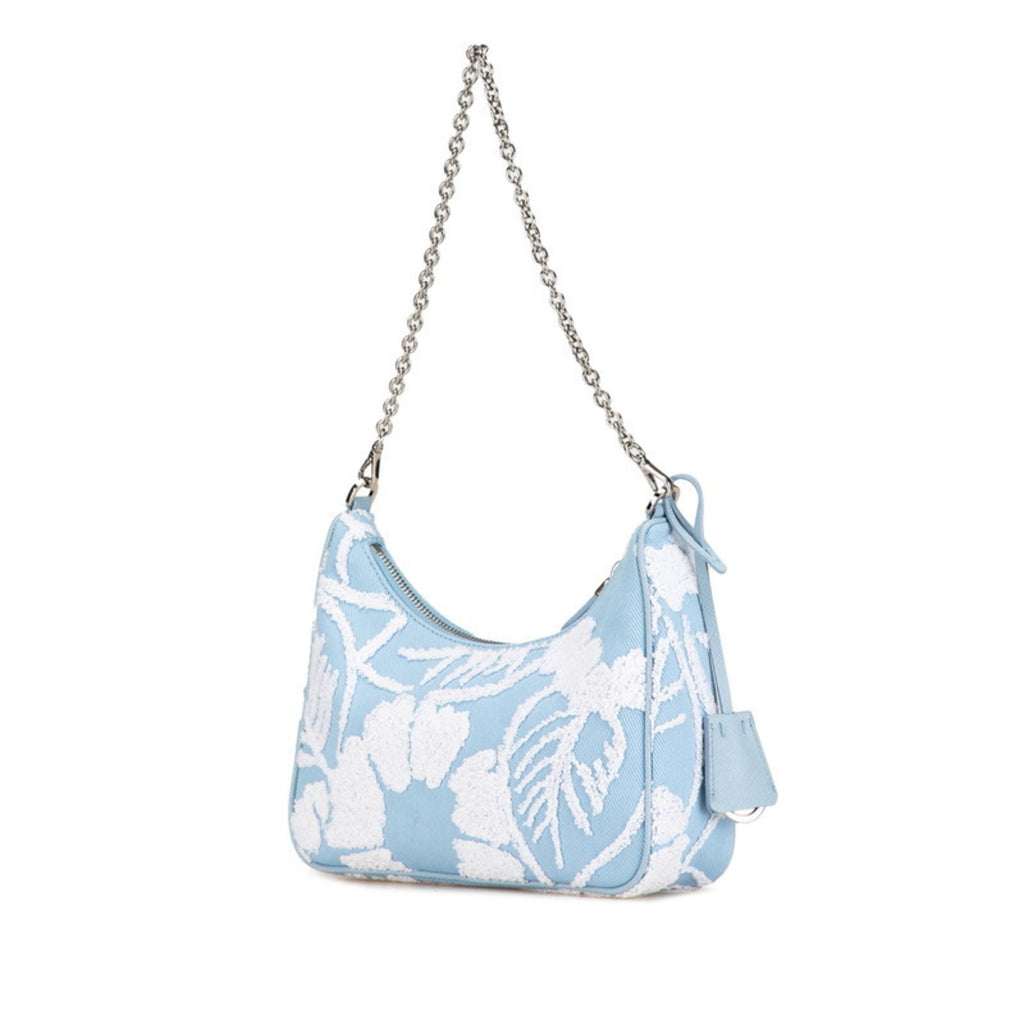 PDA Re-Edition 2000 Embroidered Mini Chain Handbag/Shoulder Bag, 2-Way, Light Blue Canvas, Women's