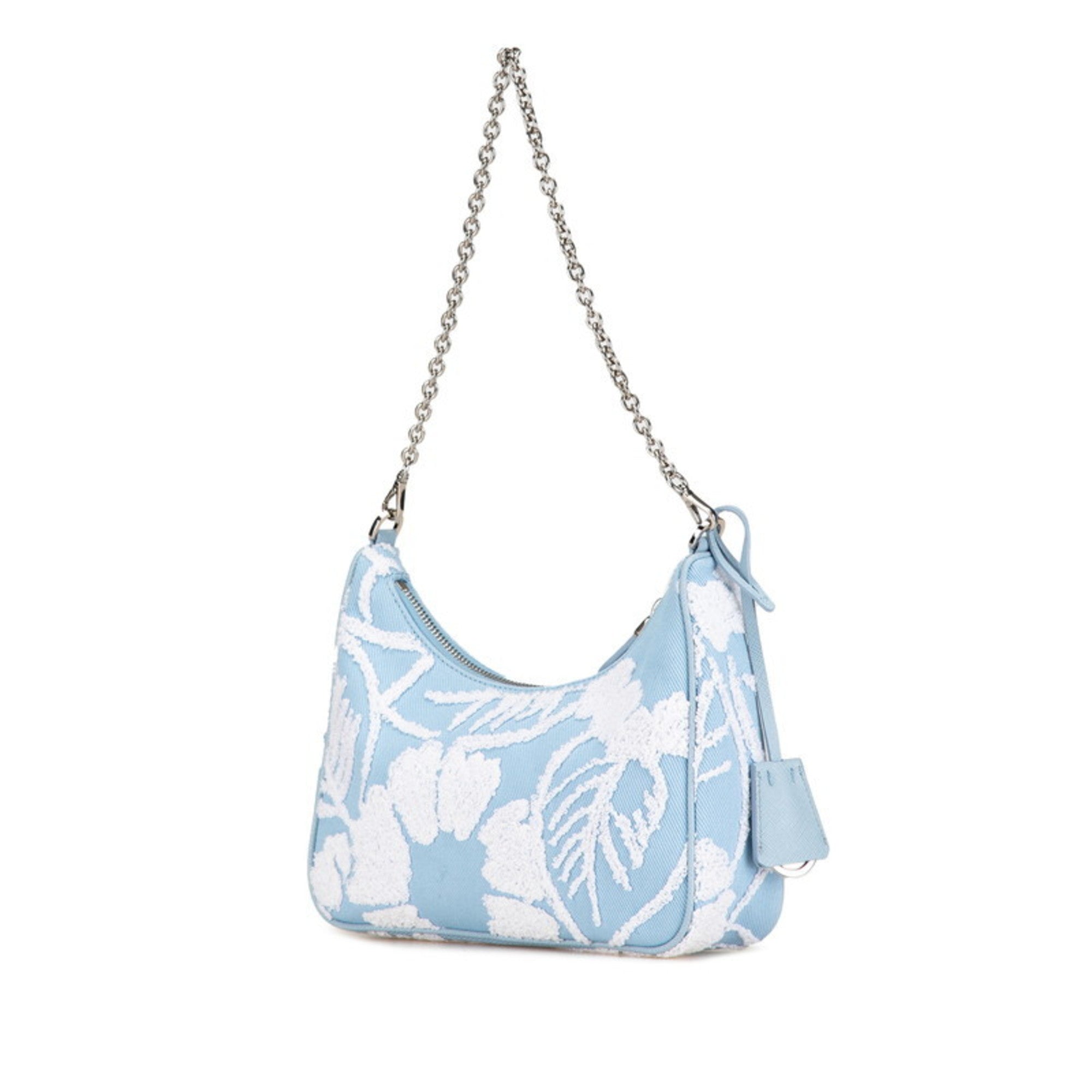 PDA Re-Edition 2000 Embroidered Mini Chain Handbag/Shoulder Bag, 2-Way, Light Blue Canvas, Women's
