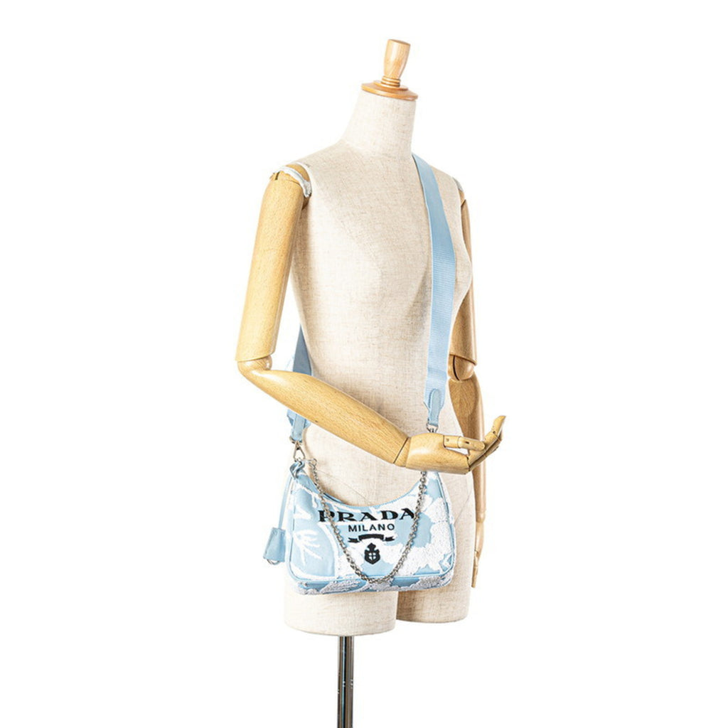 PDA Re-Edition 2000 Embroidered Mini Chain Handbag/Shoulder Bag, 2-Way, Light Blue Canvas, Women's
