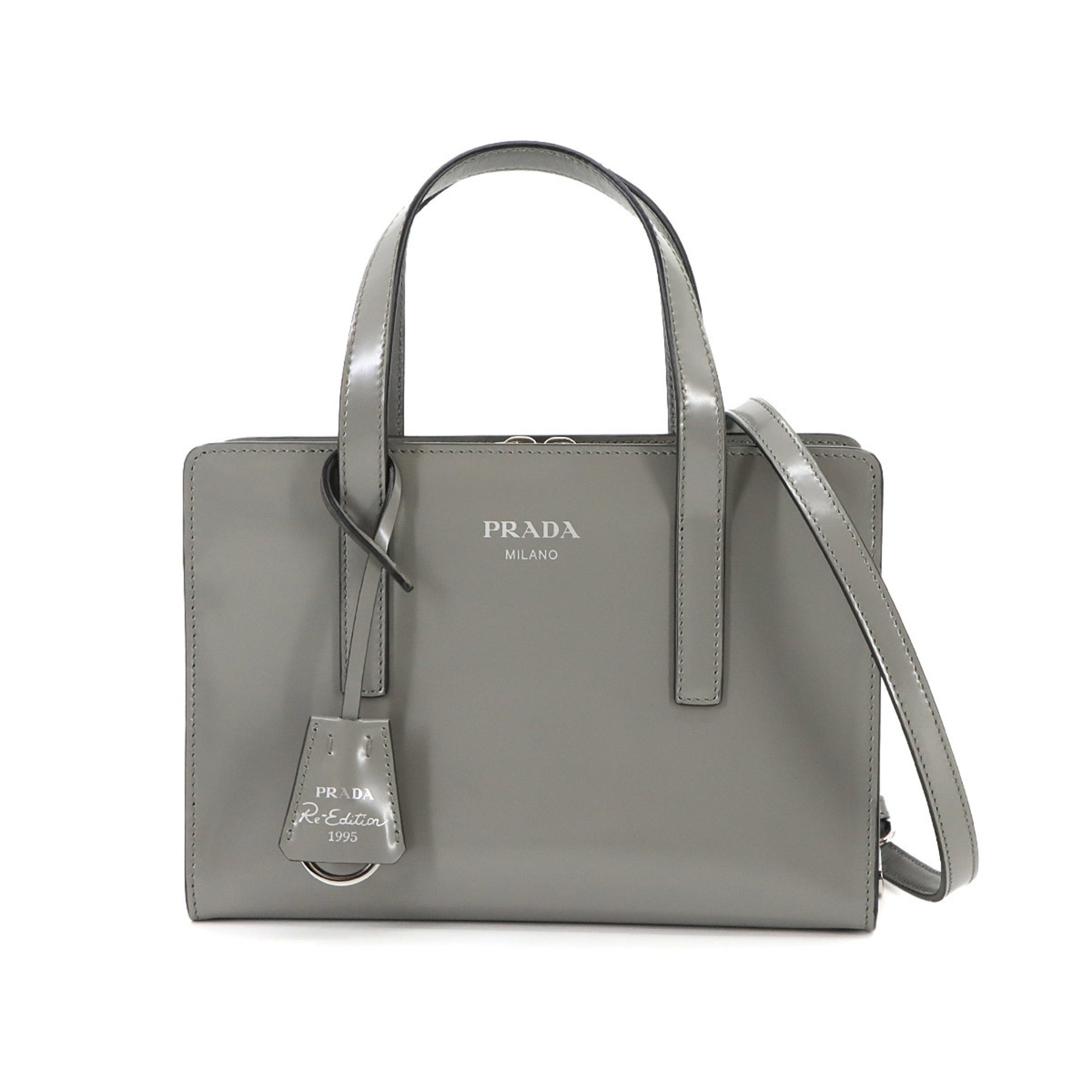 PDA Re-Edition 1995 2-Way Hand Shoulder Bag in Gray Leather with Silver Hardware (1BA357)