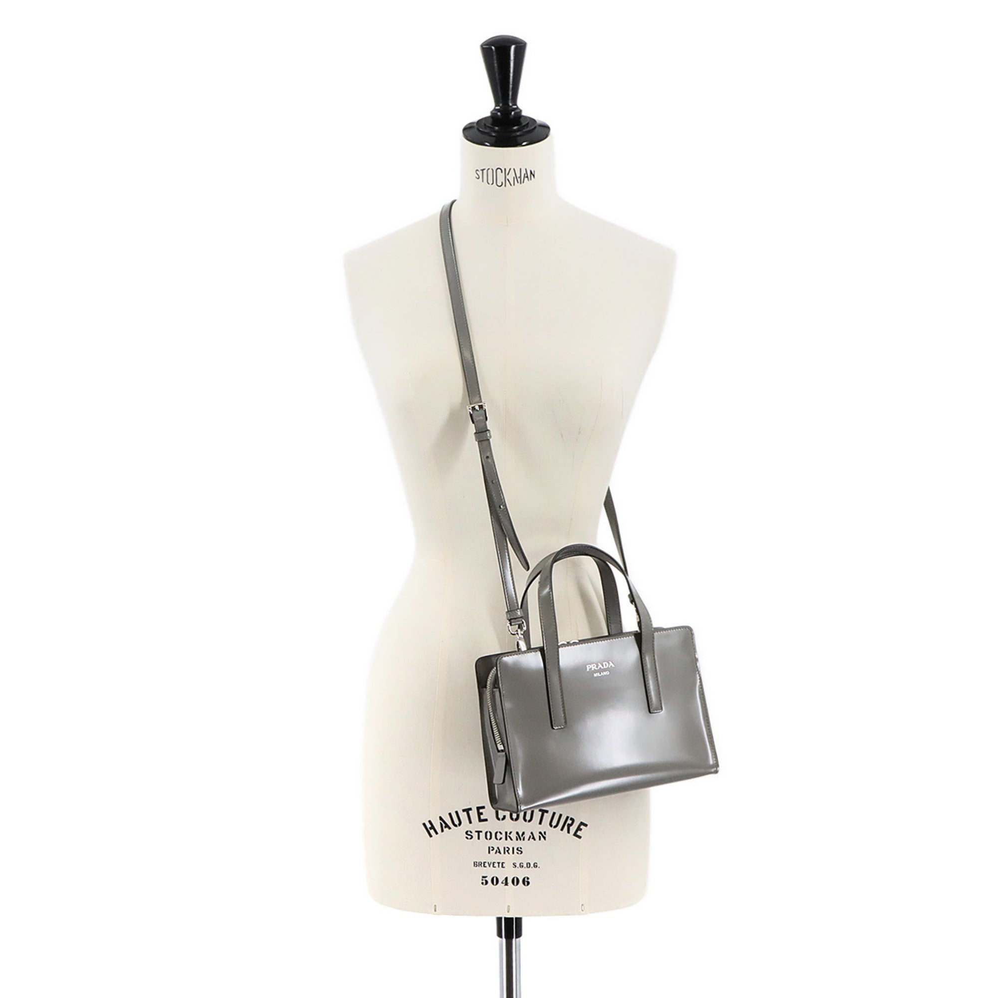 PDA Re-Edition 1995 2-Way Hand Shoulder Bag in Gray Leather with Silver Hardware (1BA357)