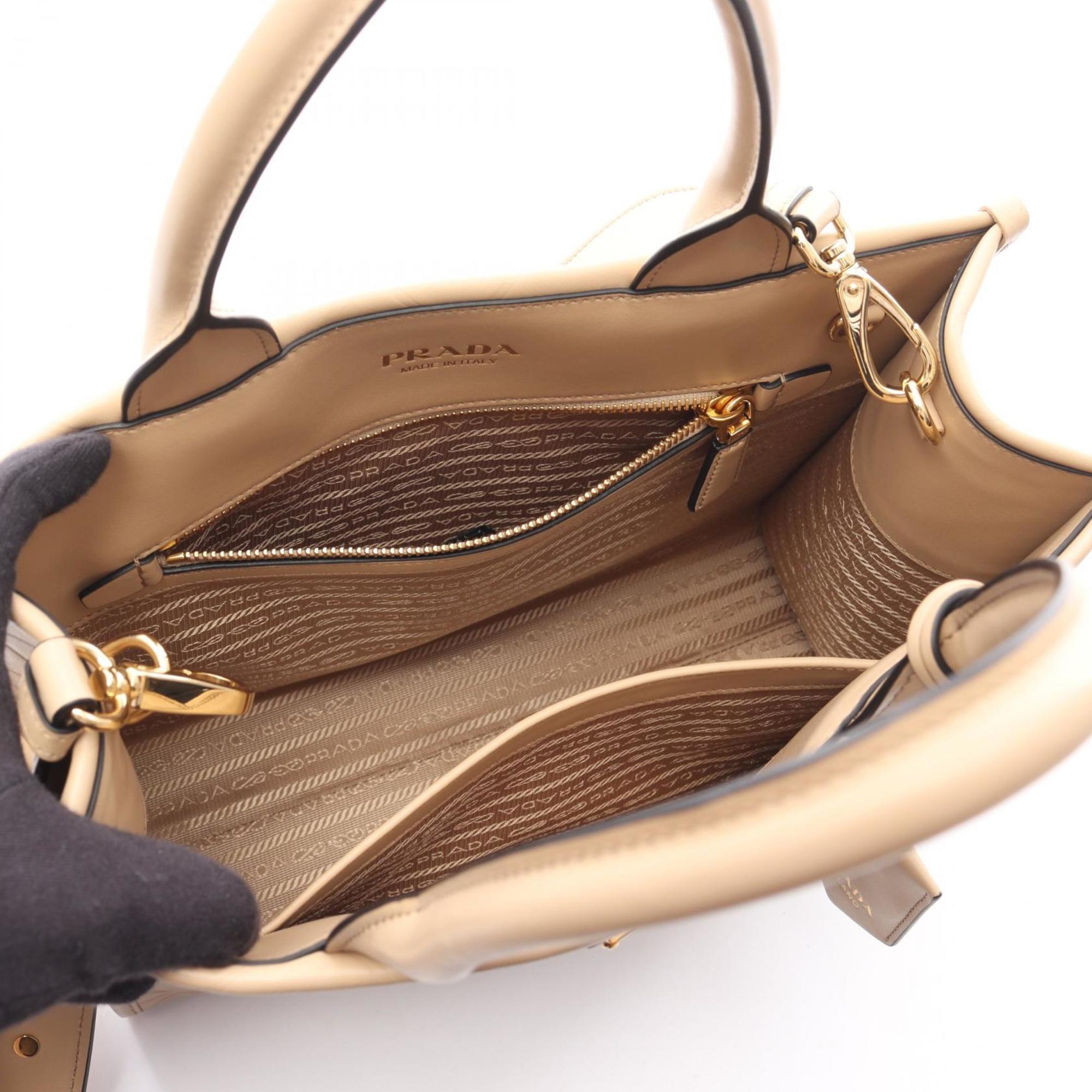 PDA Symbol Topstitched Soft Calf Leather Tote Bag, Women's, Beige, 1BA379