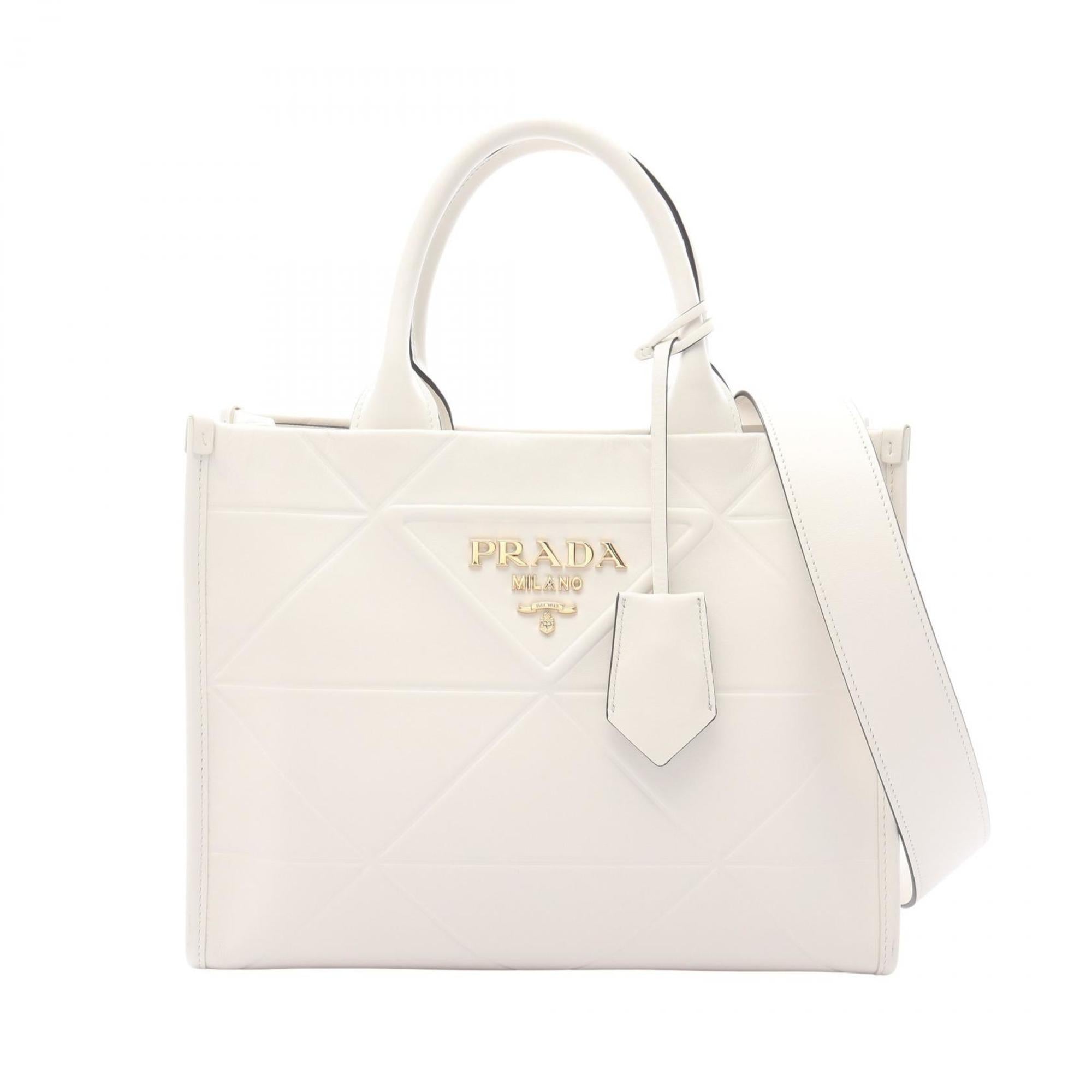 PDA Symbol Topstitched Soft Calf Leather Tote Bag, Women's, White, 1BA379