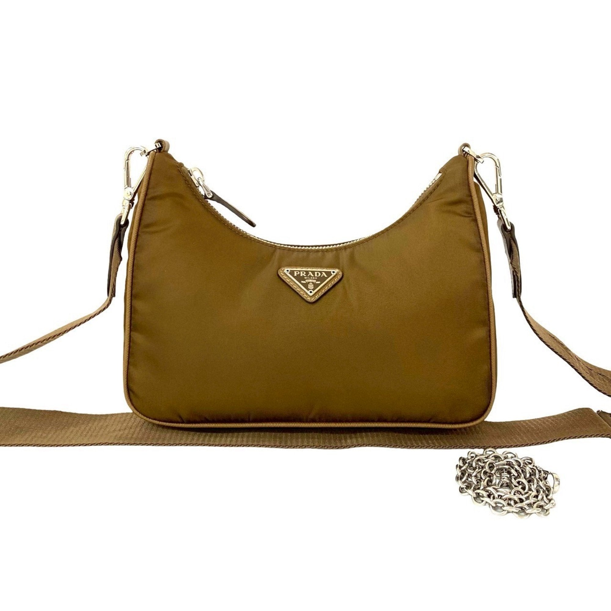 PDA Prada Triangle Logo Hardware Nylon Saffiano Leather 2-Way Chain Semi-One Shoulder Bag Pochette 26224