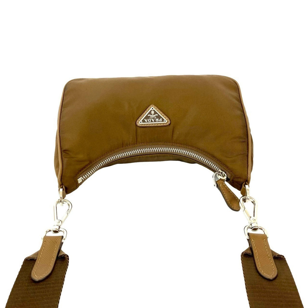 PDA Prada Triangle Logo Hardware Nylon Saffiano Leather 2-Way Chain Semi-One Shoulder Bag Pochette 26224