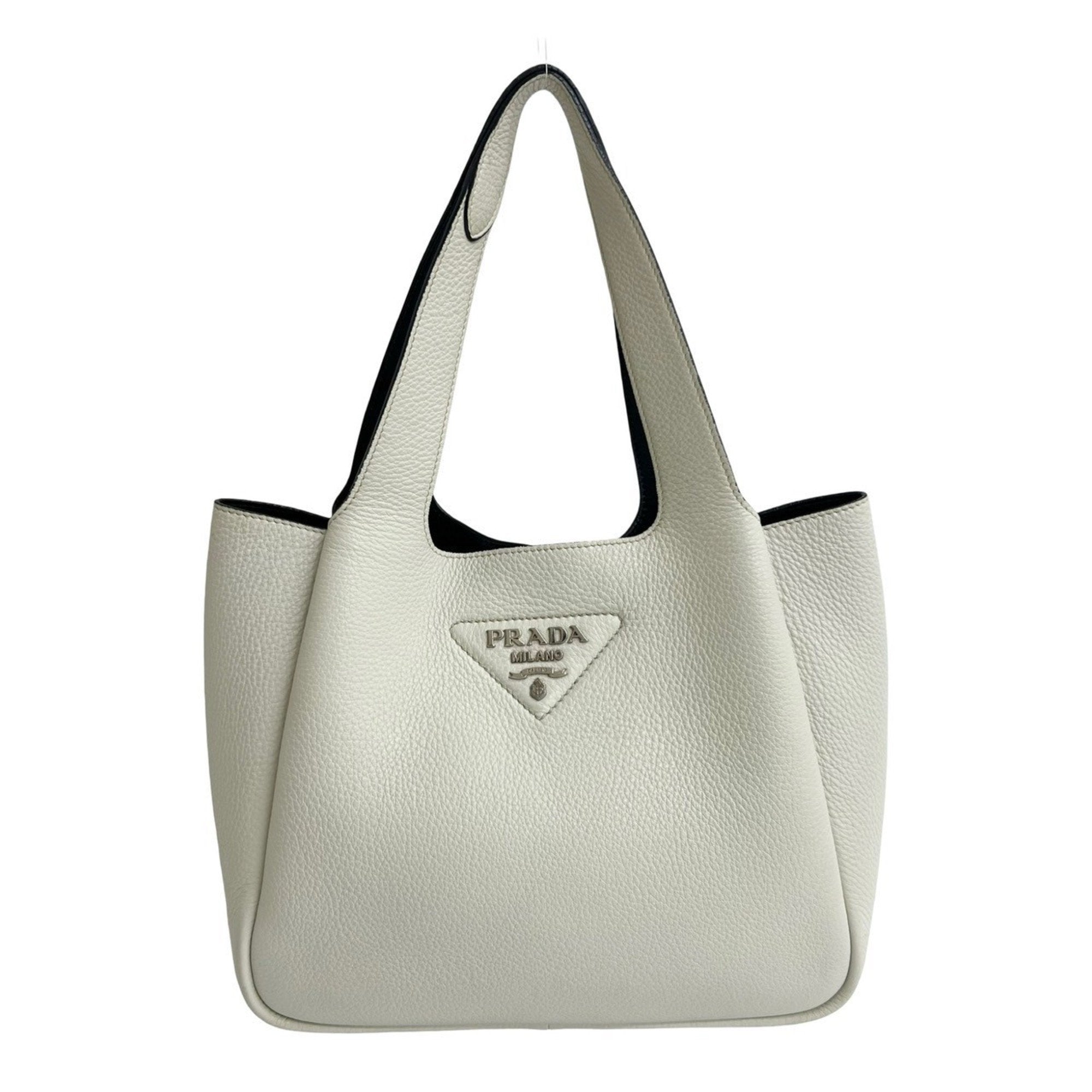 PDA Triangle Logo Plate Hardware Vitello Dino Leather Handbag Mini Tote Bag White 44615