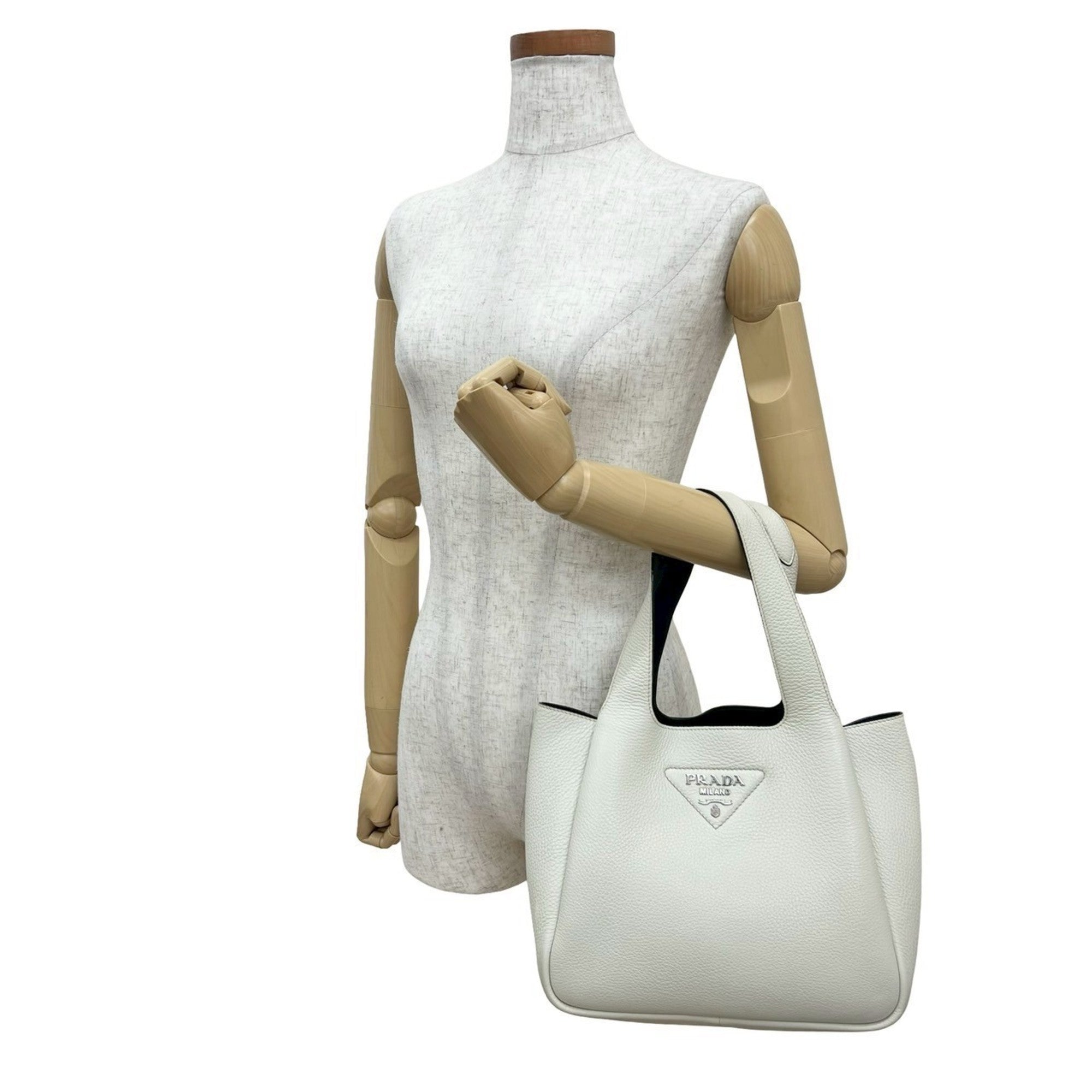 PDA Triangle Logo Plate Hardware Vitello Dino Leather Handbag Mini Tote Bag White 44615