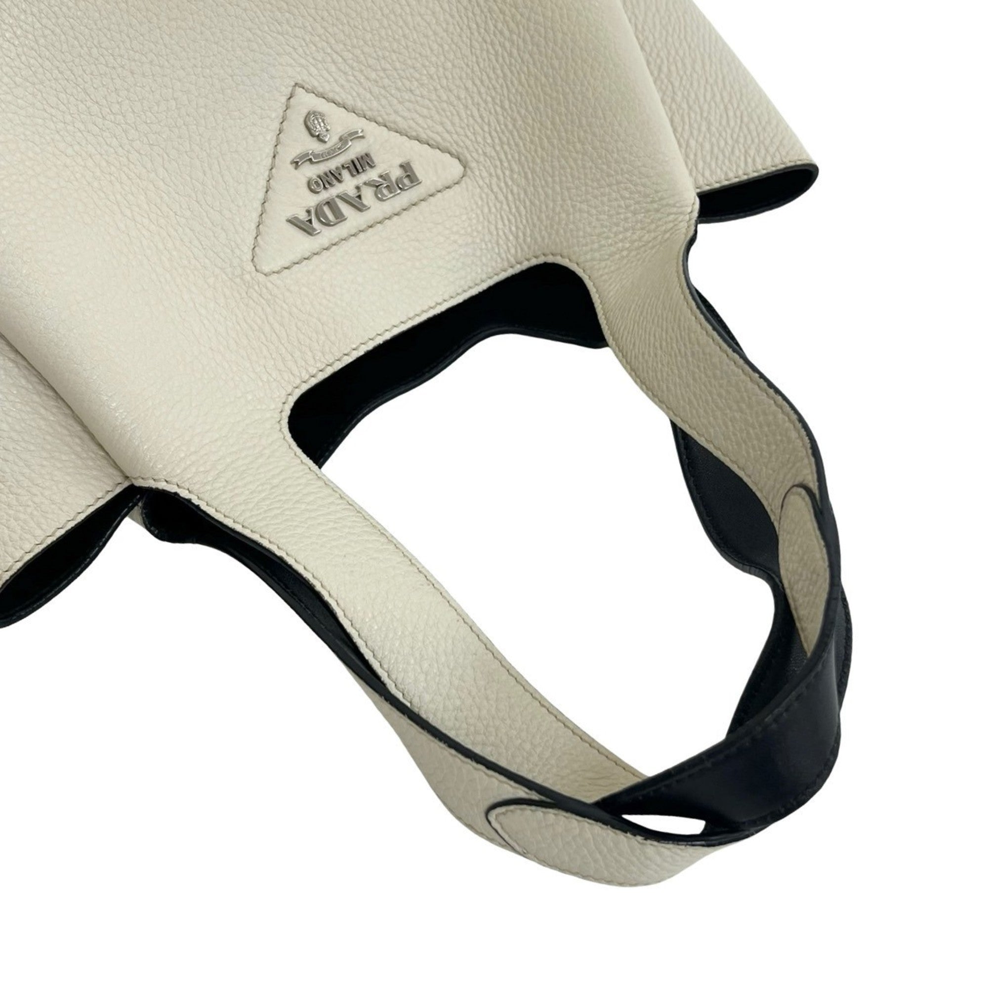 PDA Triangle Logo Plate Hardware Vitello Dino Leather Handbag Mini Tote Bag White 44615