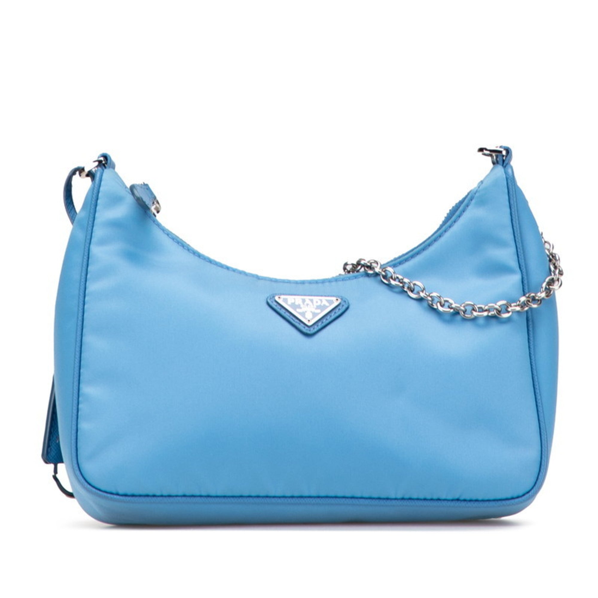 PDA Triangle Logo Plate Re-Edition 2005 Handbag/Shoulder Bag, 2-Way, Light Blue Nylon, 1BH204, Women's