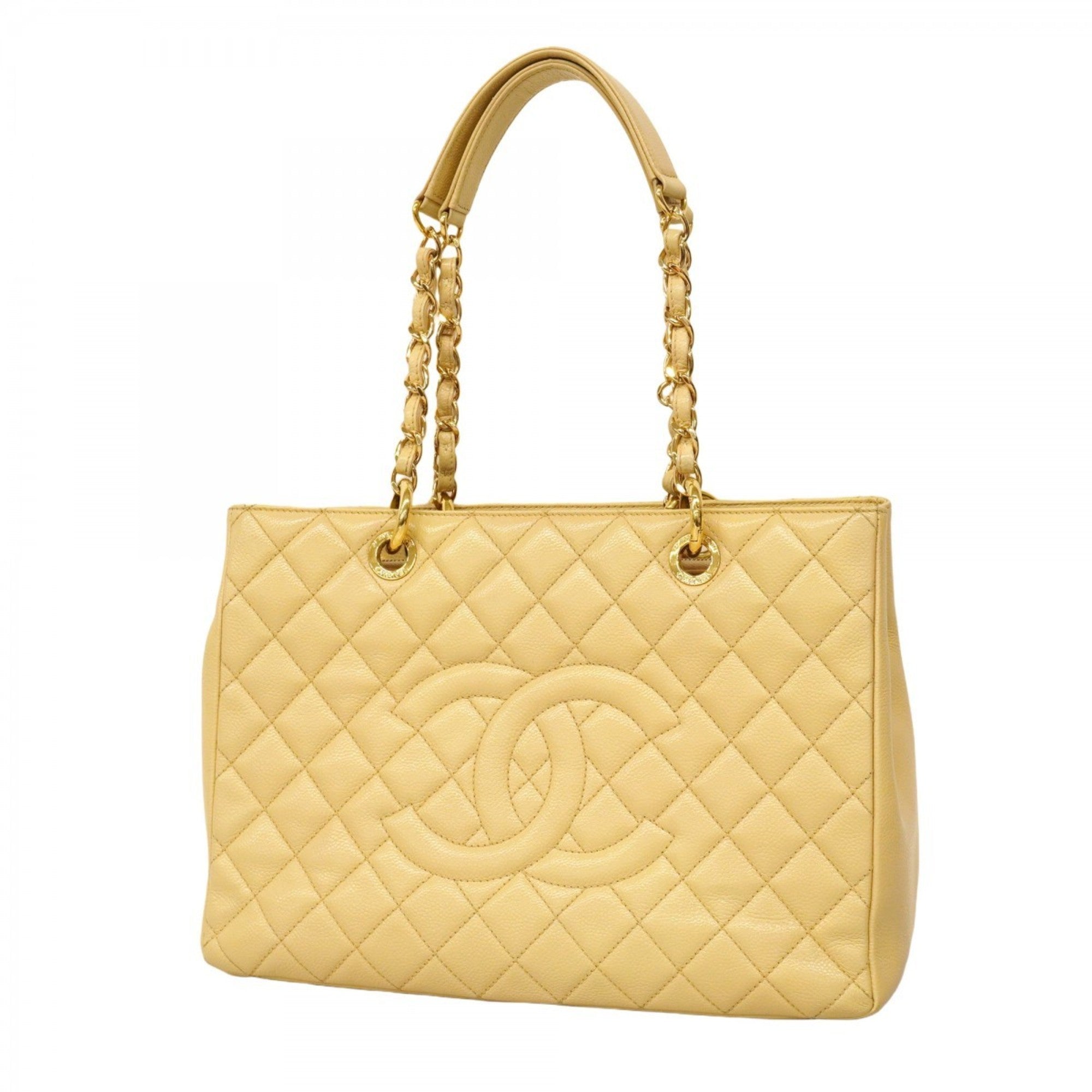 CHL Matelasse Tote Bag with Chain, Caviar Skin, Beige, Women's