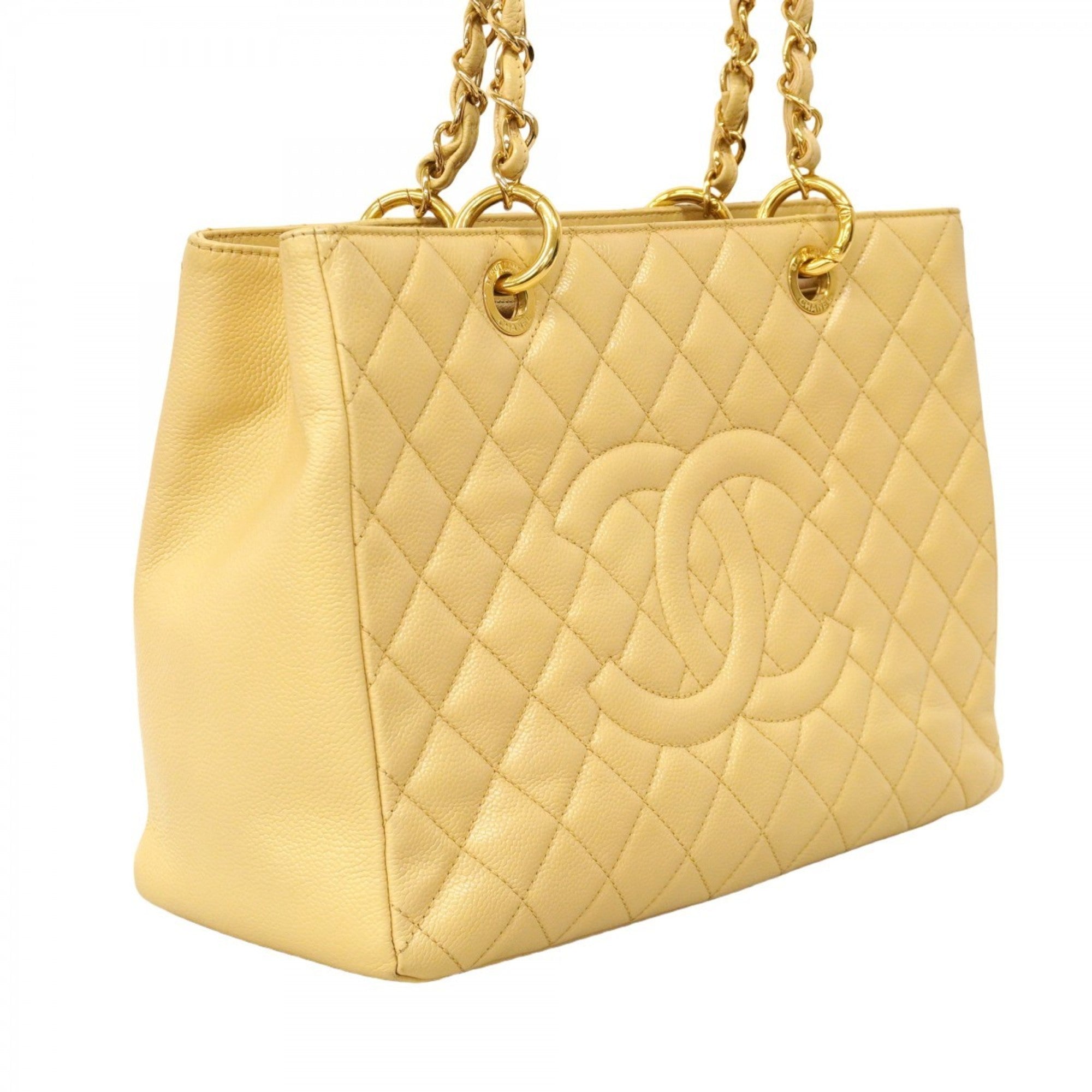 CHL Matelasse Tote Bag with Chain, Caviar Skin, Beige, Women's