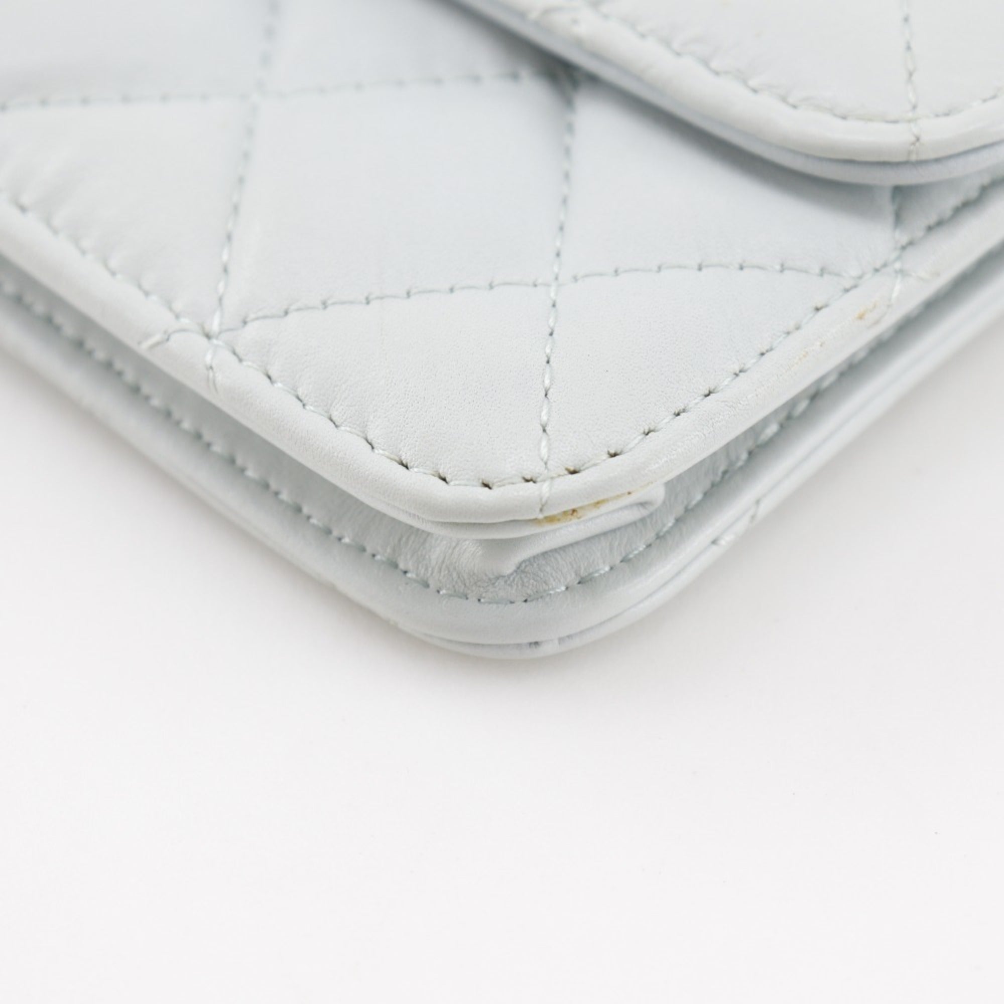 CHL Pearl Strap Flap Wallet Shoulder Bag Matelasse AP1838 Leather and Faux Light Blue Magnetic Attachment for Women