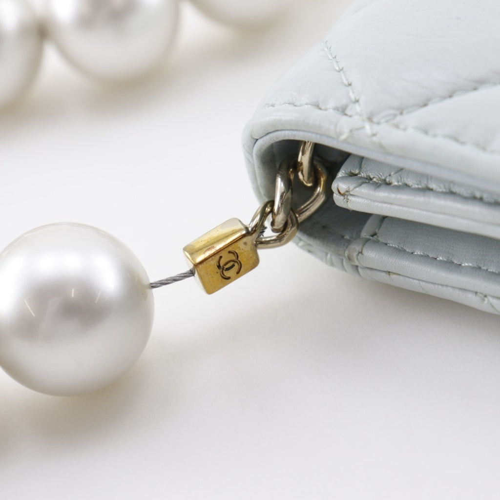 CHL Pearl Strap Flap Wallet Shoulder Bag Matelasse AP1838 Leather and Faux Light Blue Magnetic Attachment for Women