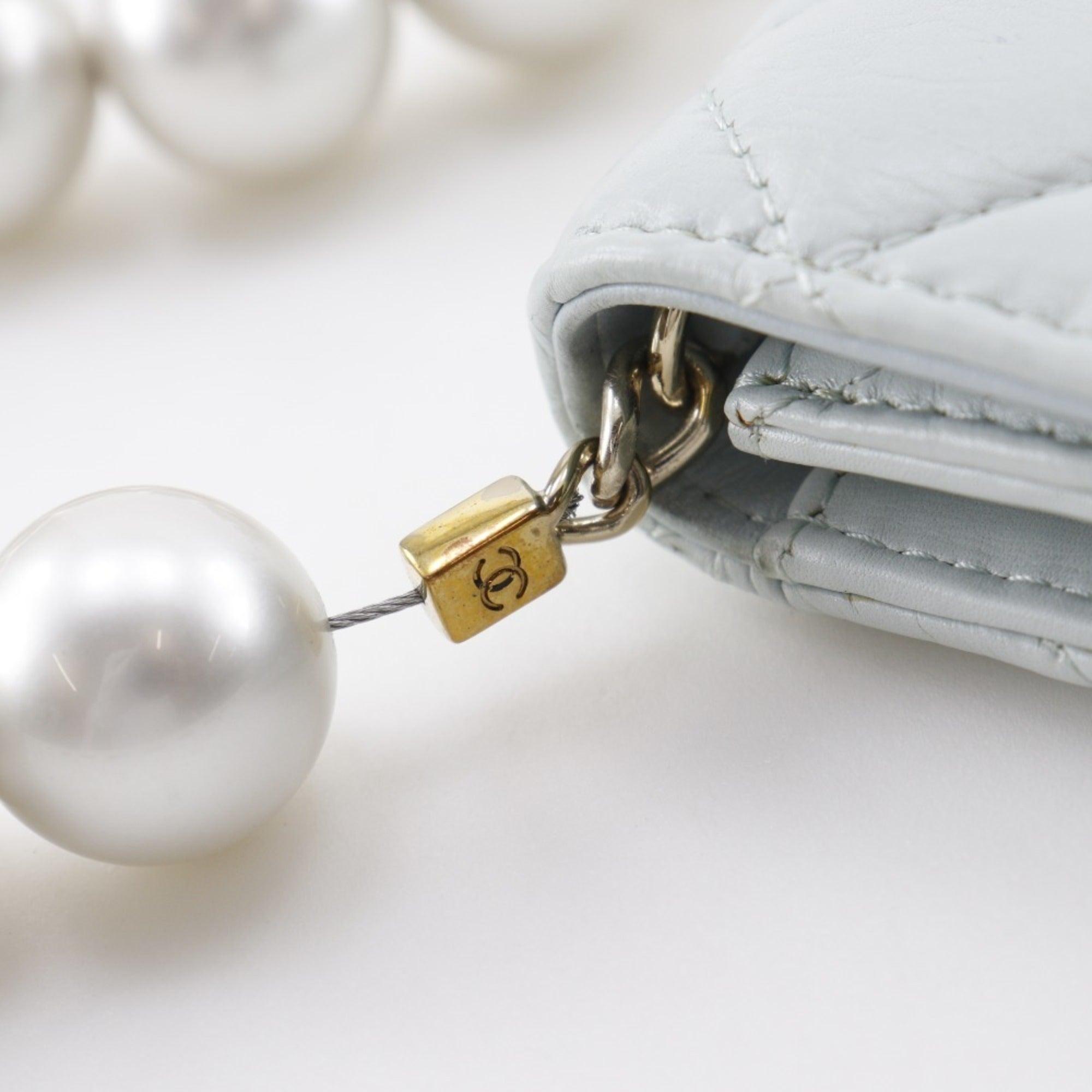 CHL Pearl Strap Flap Wallet Shoulder Bag Matelasse AP1838 Leather and Faux Light Blue Magnetic Attachment for Women