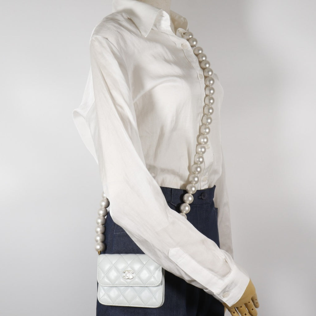 CHL Pearl Strap Flap Wallet Shoulder Bag Matelasse AP1838 Leather and Faux Light Blue Magnetic Attachment for Women