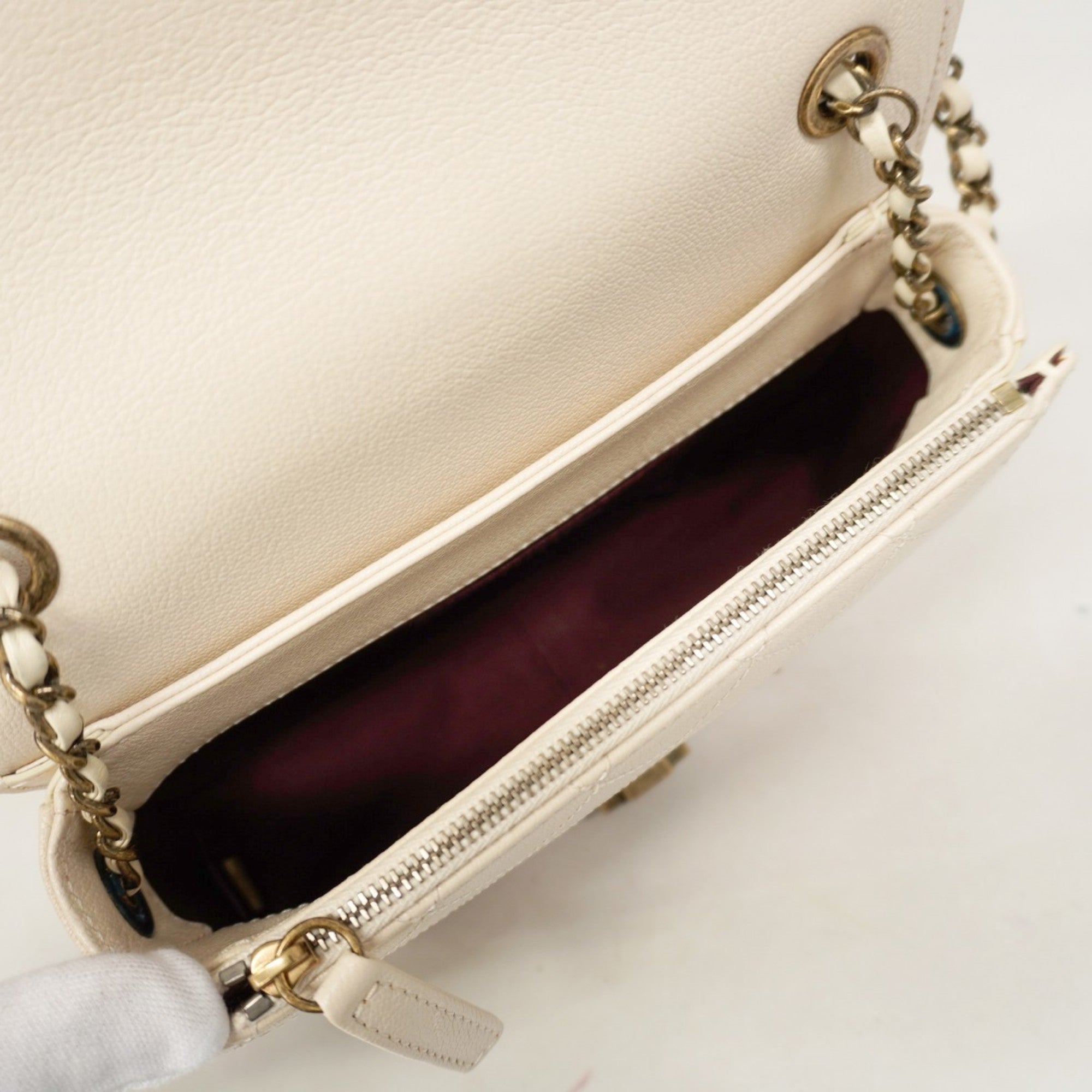 CHL Matelasse Chain Leather Handbag, White, 2-Way Bag for Women