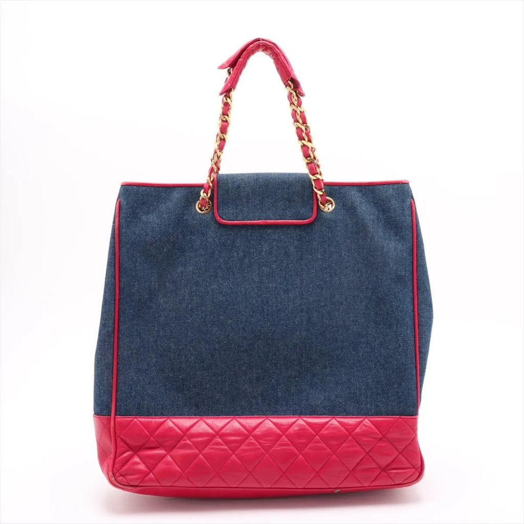 CHL Matelassé Denim Red Tote Bag with Serial Seal, Shoulder Bag, Handbag, Women's