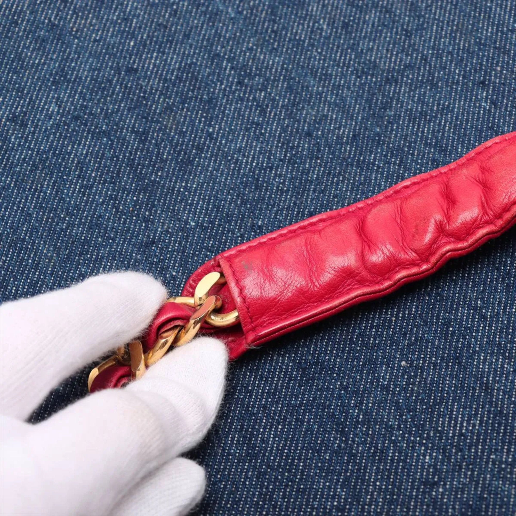 CHL Matelassé Denim Red Tote Bag with Serial Seal, Shoulder Bag, Handbag, Women's