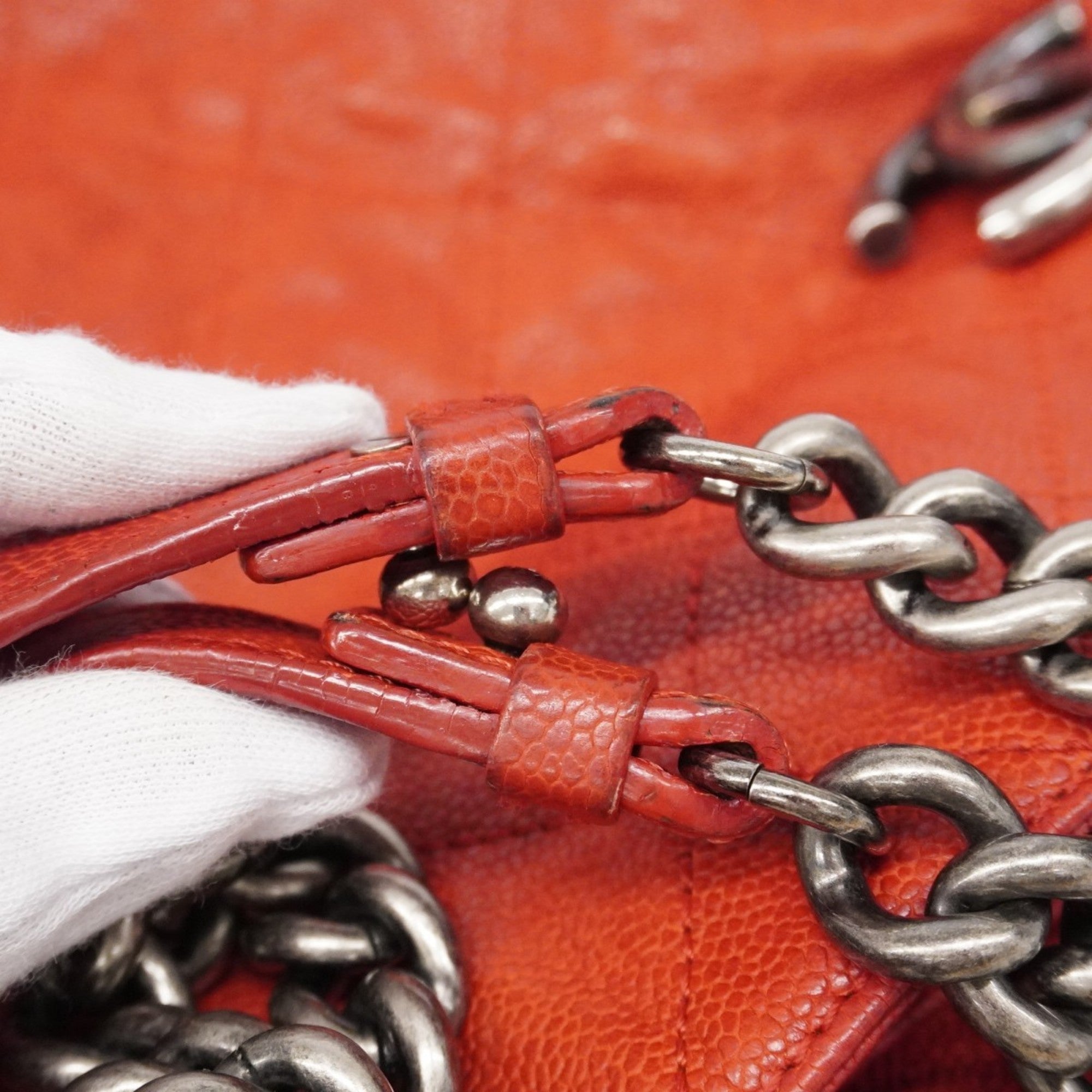 CHL Matelasse Shoulder Bag with Chain Bag, Caviar Skin, Red, Women's