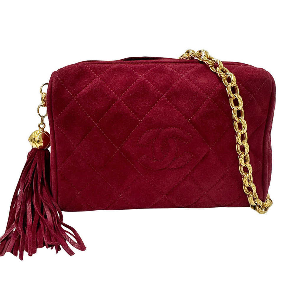 CHL CHANEL Women's Suede Shoulder Bag, Matelasse, Bordeaux, Gold Hardware, Red, Chic