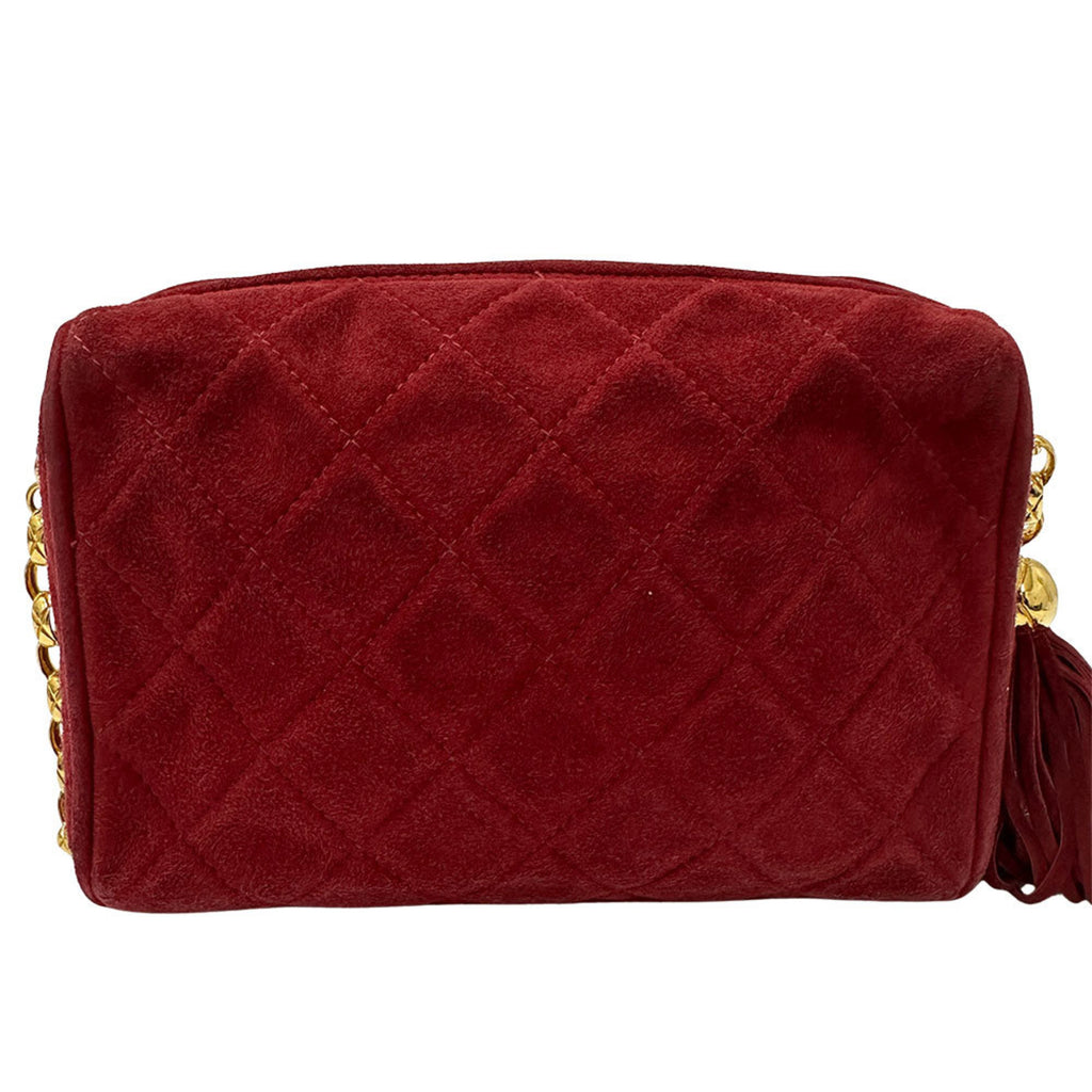 CHL CHANEL Women's Suede Shoulder Bag, Matelasse, Bordeaux, Gold Hardware, Red, Chic