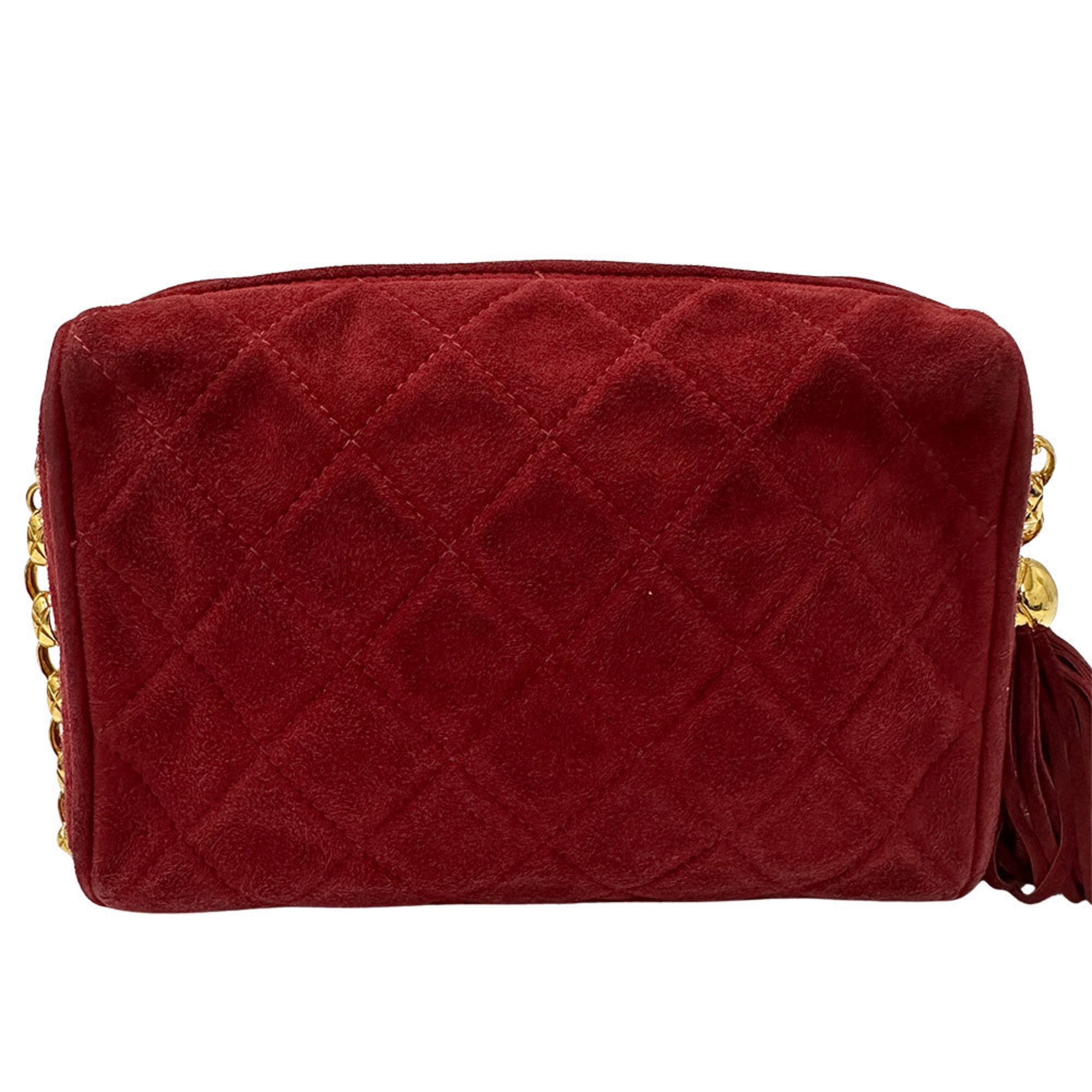 CHL CHANEL Women's Suede Shoulder Bag, Matelasse, Bordeaux, Gold Hardware, Red, Chic