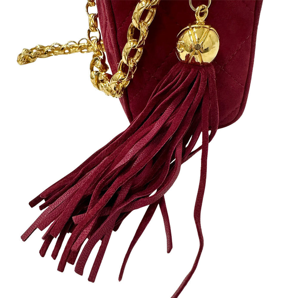 CHL CHANEL Women's Suede Shoulder Bag, Matelasse, Bordeaux, Gold Hardware, Red, Chic