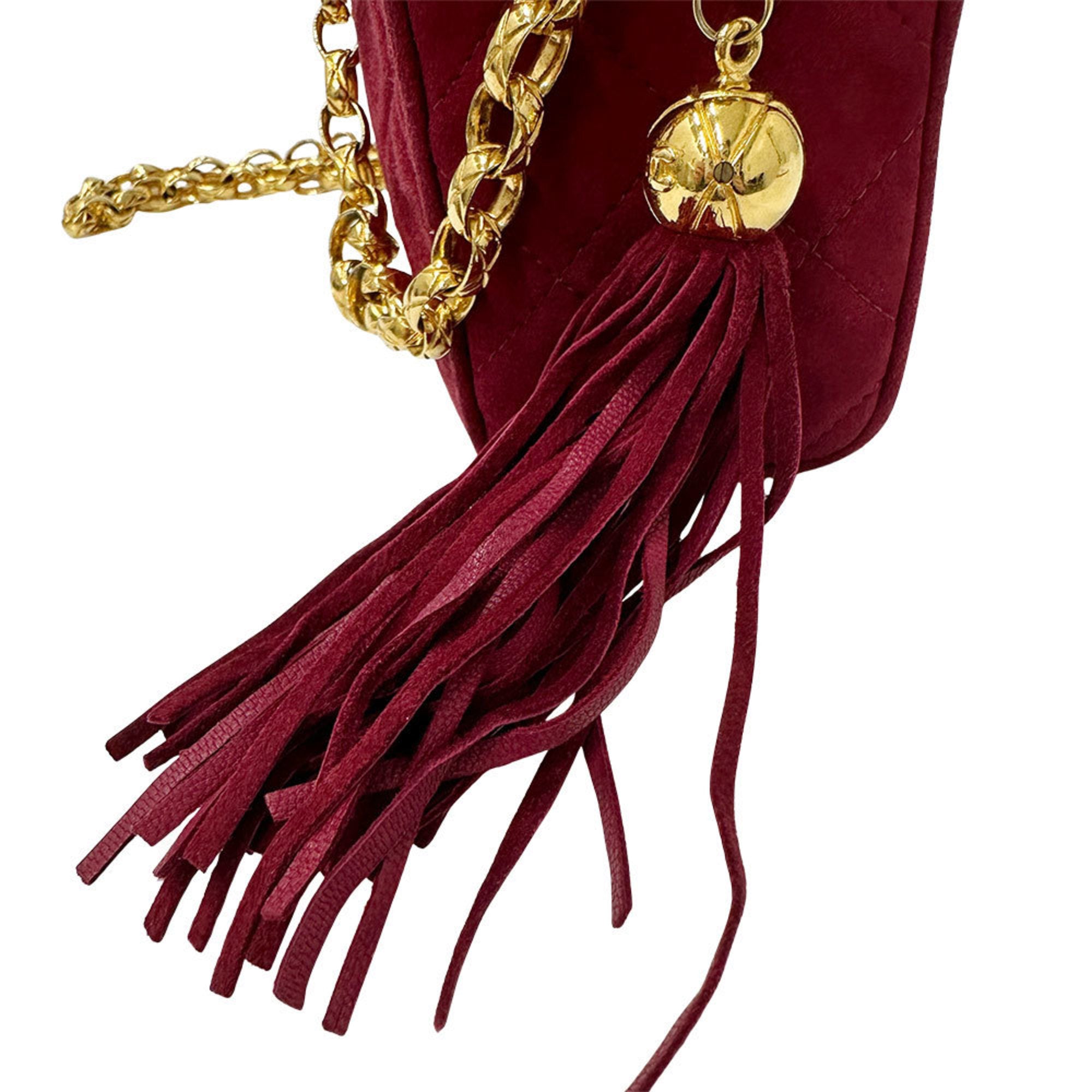 CHL CHANEL Women's Suede Shoulder Bag, Matelasse, Bordeaux, Gold Hardware, Red, Chic