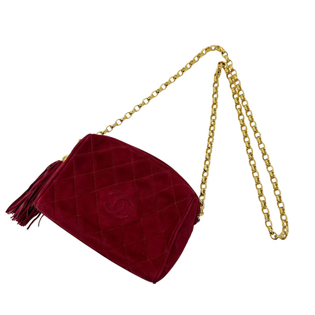 CHL CHANEL Women's Suede Shoulder Bag, Matelasse, Bordeaux, Gold Hardware, Red, Chic