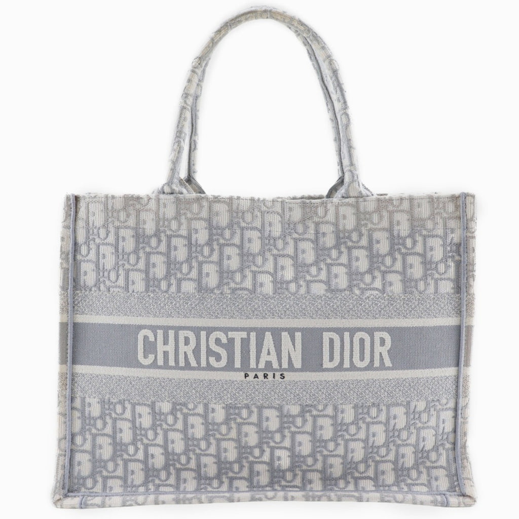 CRD Dior Book Tote Medium Bag, Oblique Embroidery, Cotton, Made in Italy, Light Gray, A4 Size, Open, Women's
